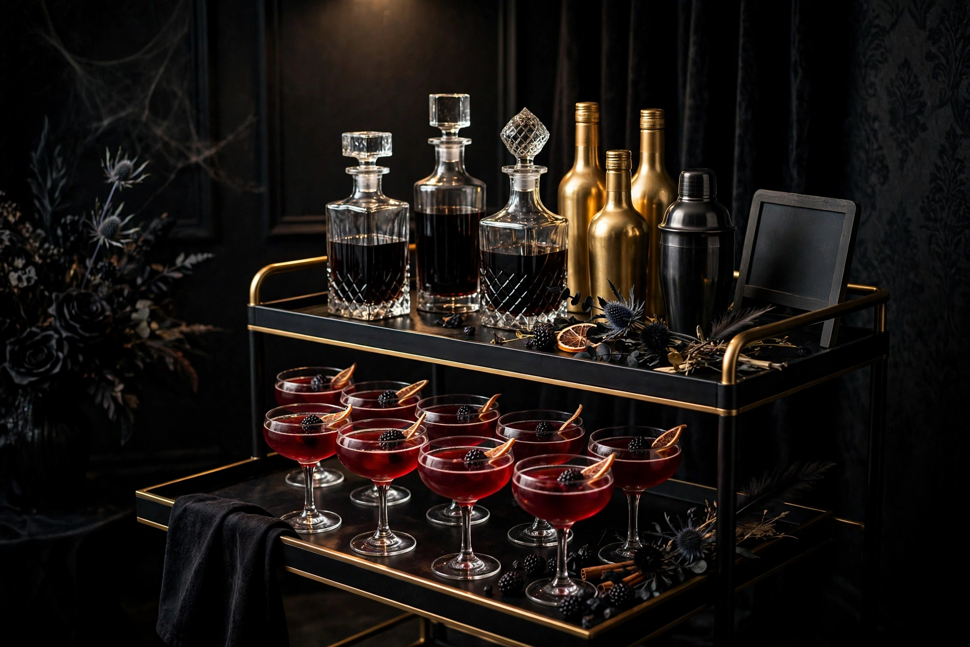 Midnight toast bar cart for a Halloween party