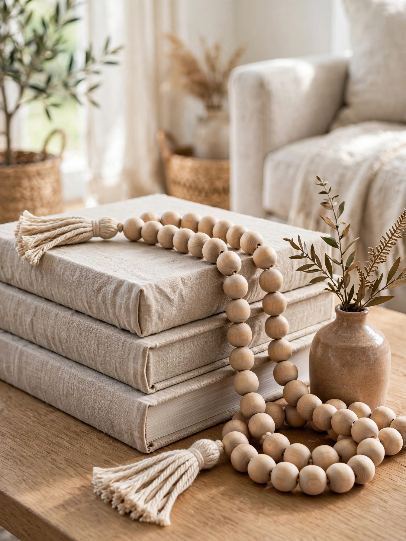 A wooden bead garland with tassels draped over coffee table books, a texture layer from these simple fall decor ideas for autumn 2026.