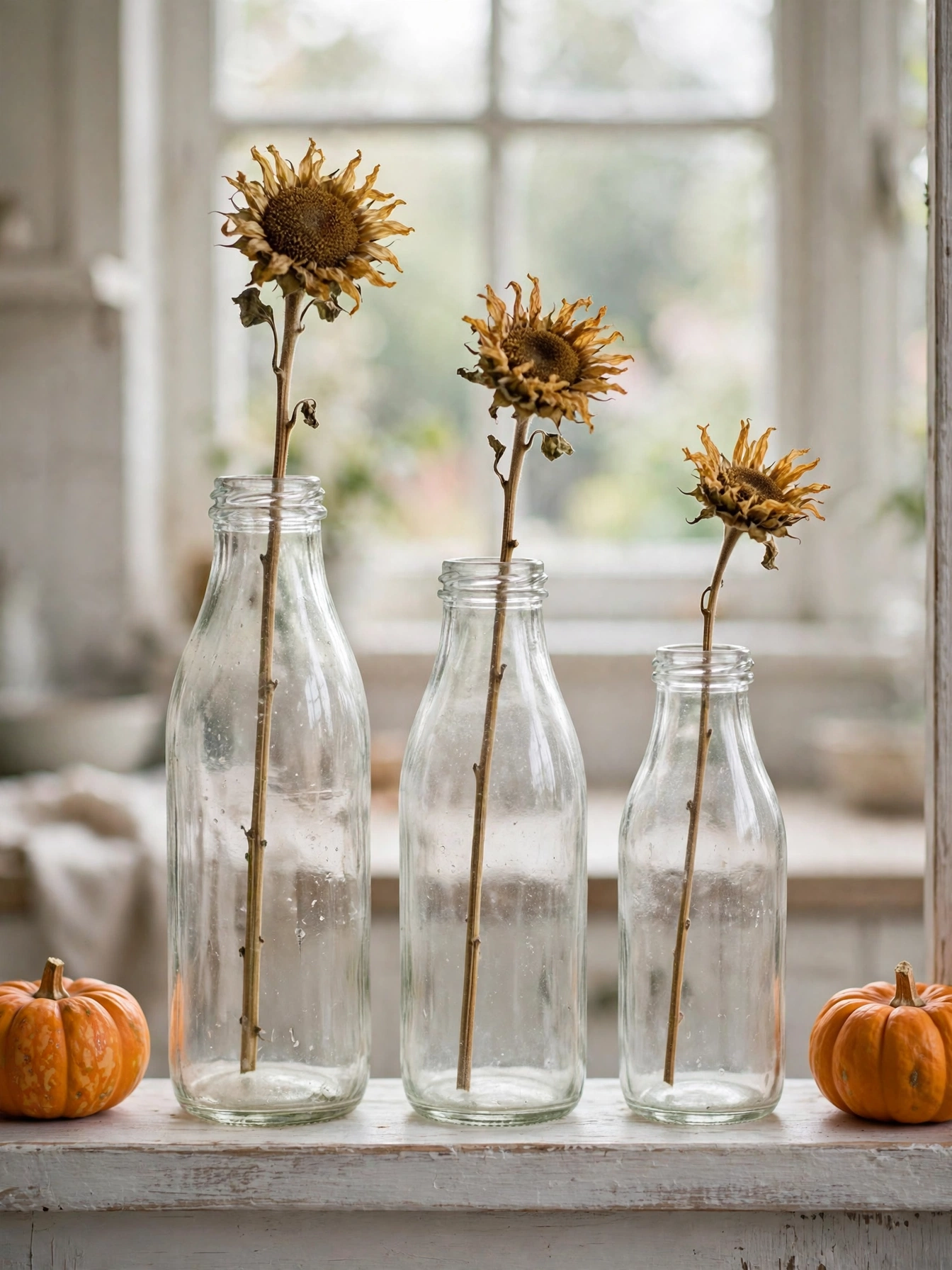 Vintage glass milk bottles holding dried sunflowers on a whitewashed windowsill, one of the vintage fall decor ideas for autumn 2026.