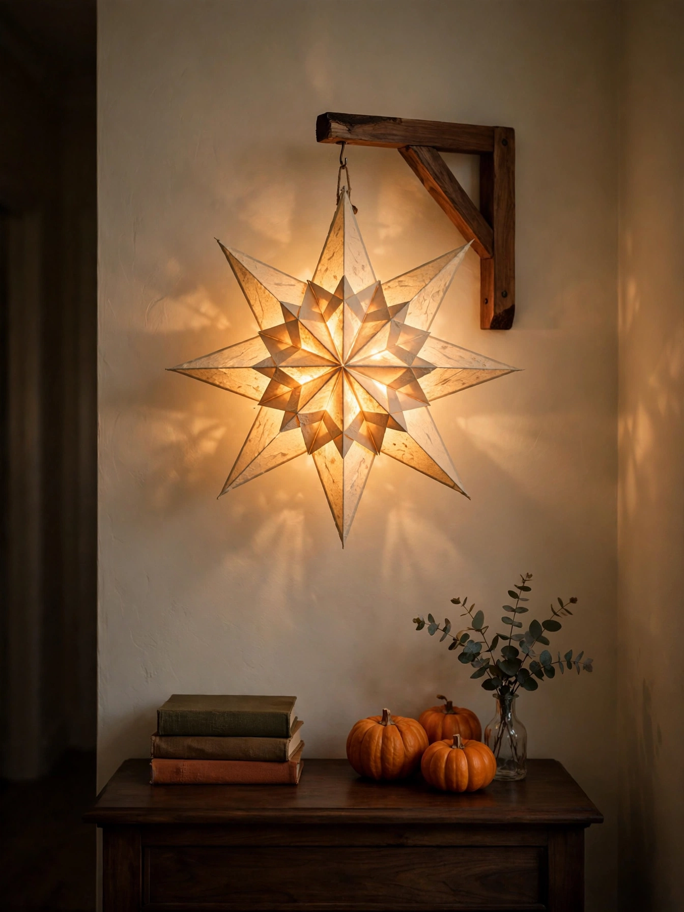 A handmade glowing paper star lantern on a hallway wall above a console with pumpkins, a crafty diy fall decor ideas for autumn 2026.