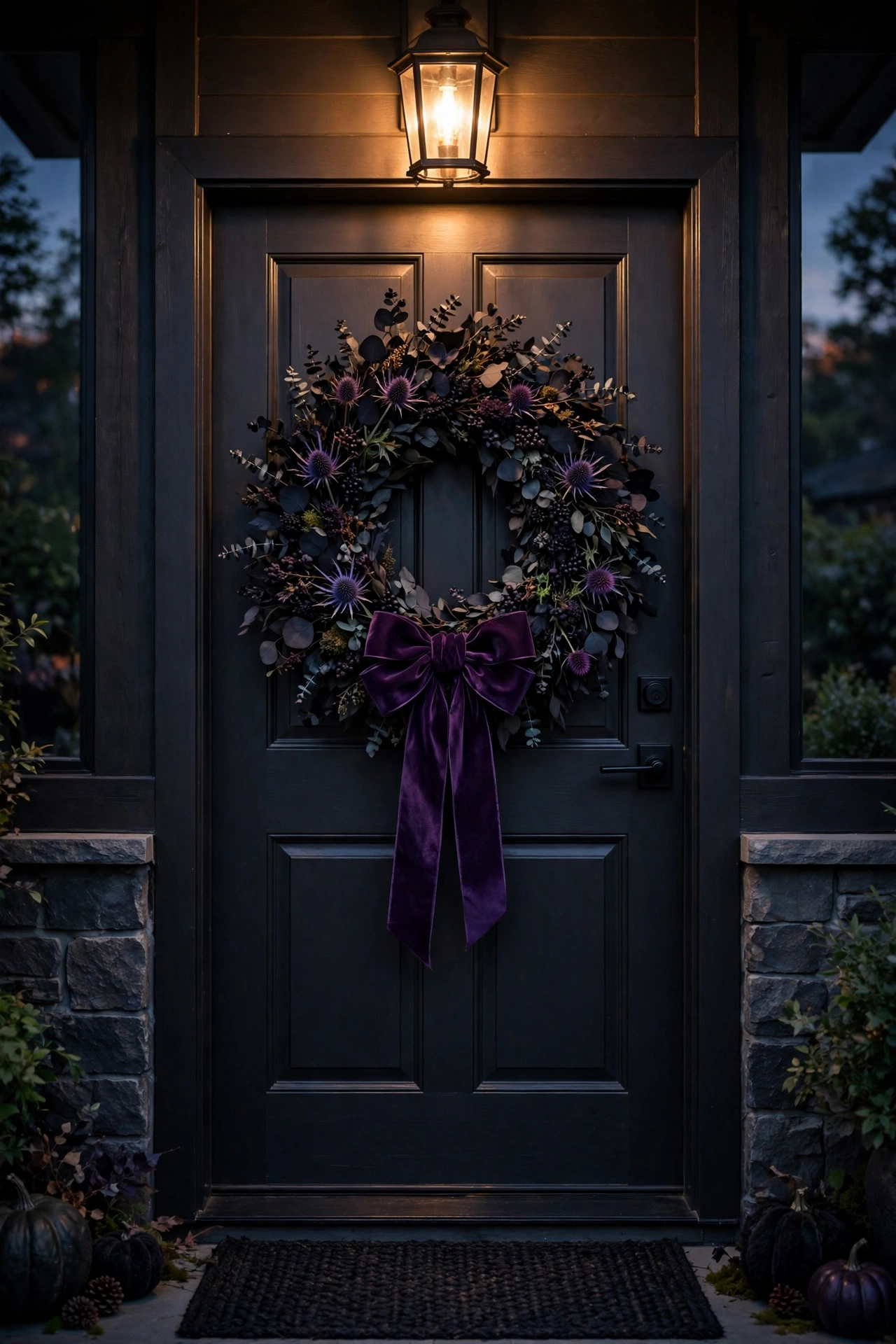 Midnight black wreath on a front door, elegant Halloween door decor 2026