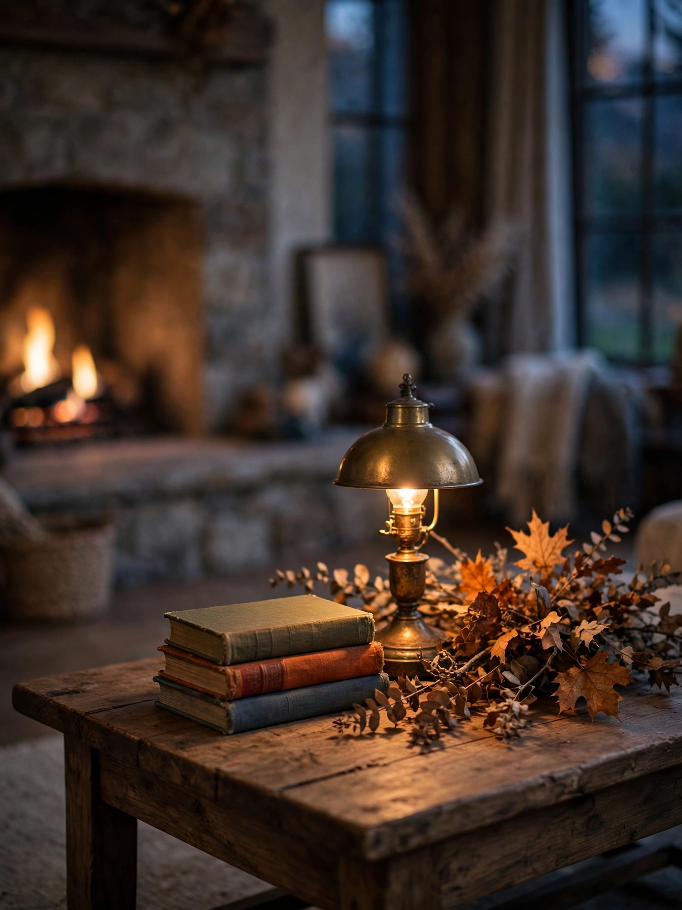 A coffee table styled with an antique brass lamp, vintage books and fall foliage glowing by the fireplace, a timeless finale to these fall coffee table decor ideas for autumn 2026.
