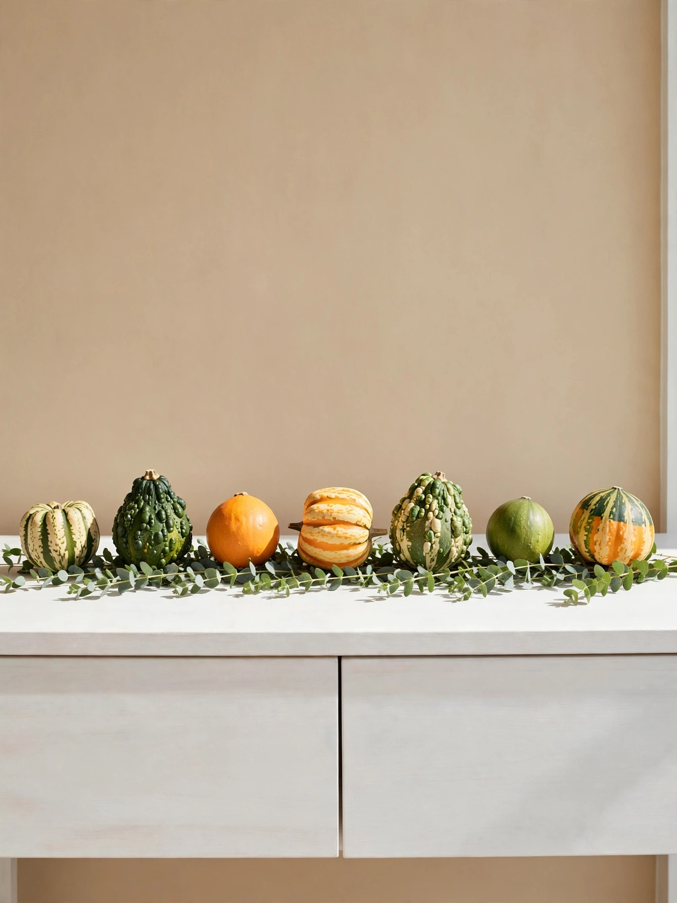 Fall entry table decor ideas for autumn 2026: a neat row of seven miniature gourds over a eucalyptus sprig runner on a long white console.