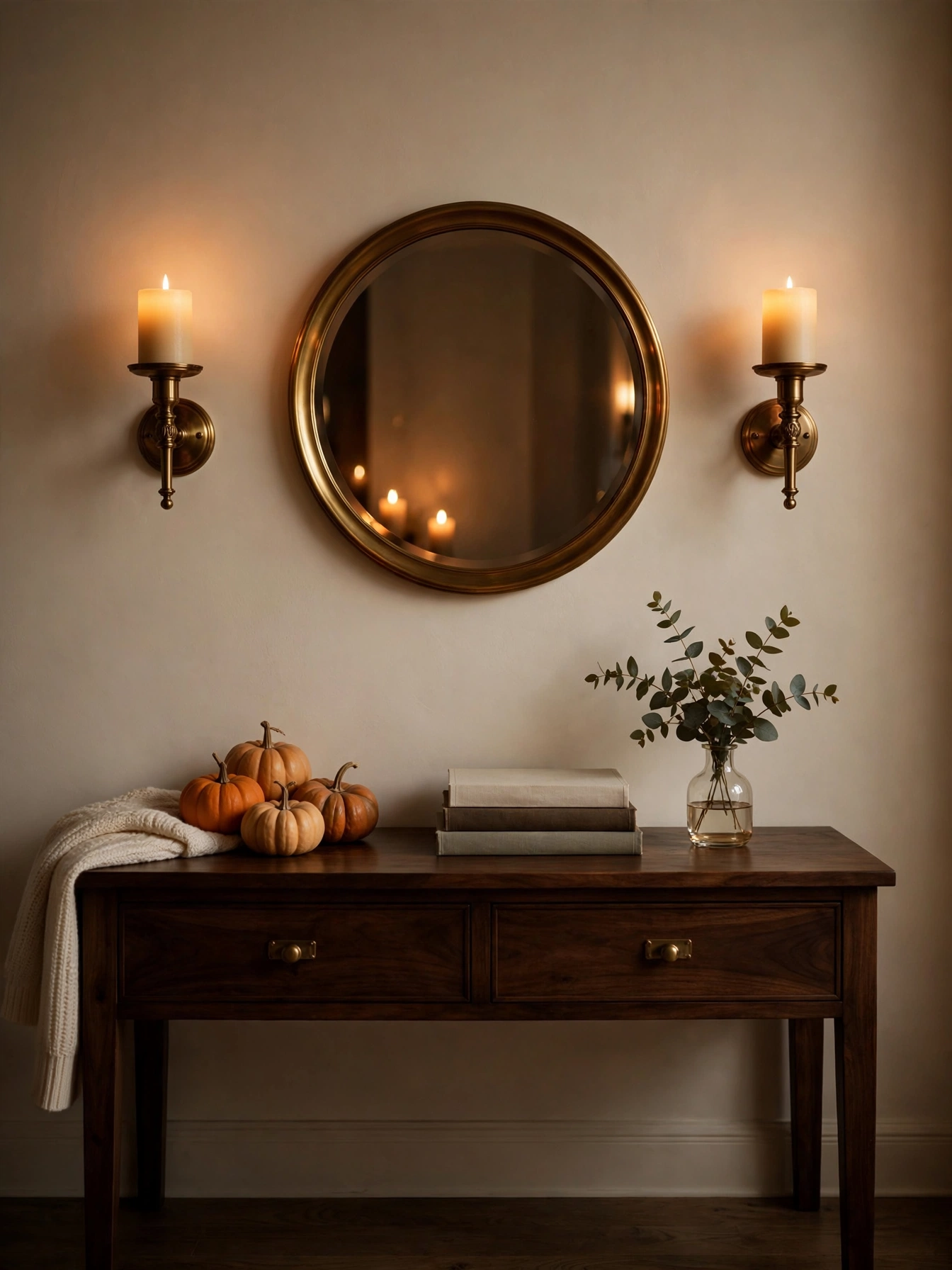 Brass wall sconces with glowing LED candles flanking a round mirror above a console, an elegant fall living room decor ideas for autumn 2026.
