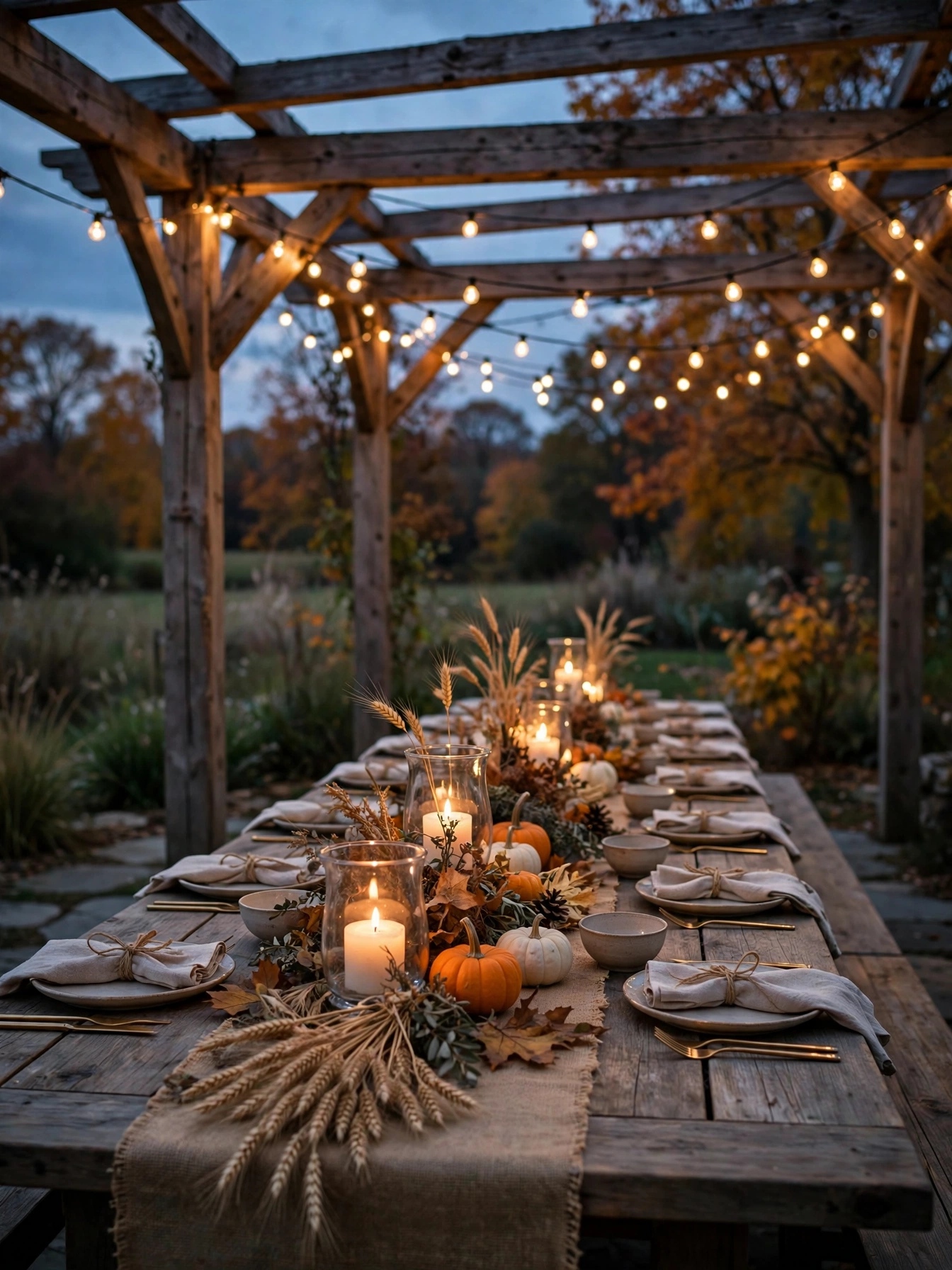 A farmhouse table under a wooden pergola styled with a pumpkin runner, candles and wheat, an al fresco dining scene in these fall outdoor decor ideas for autumn 2026.