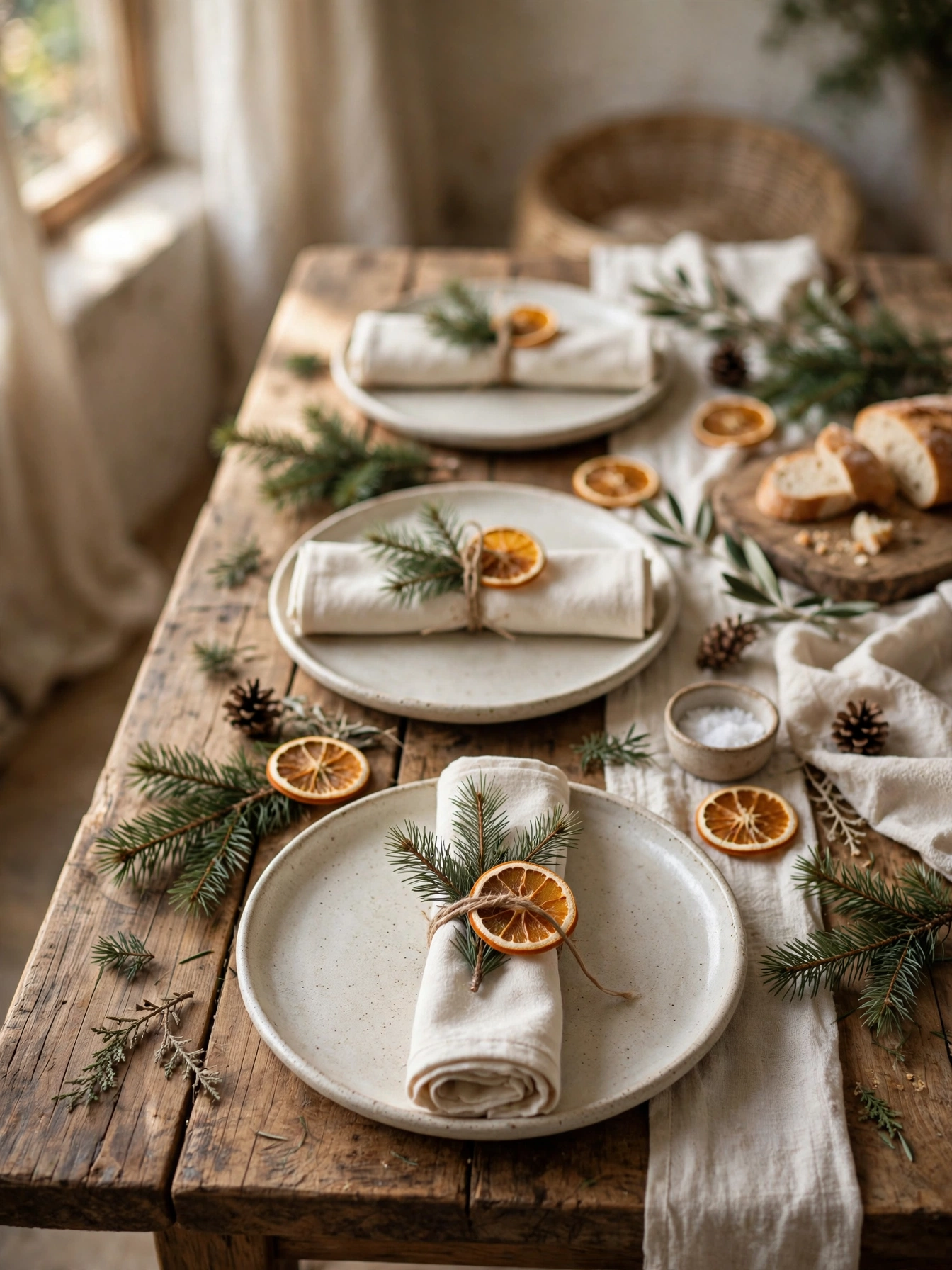 Cloth napkins rolled with fresh pine boughs and twine napkin rings at rustic place settings.
