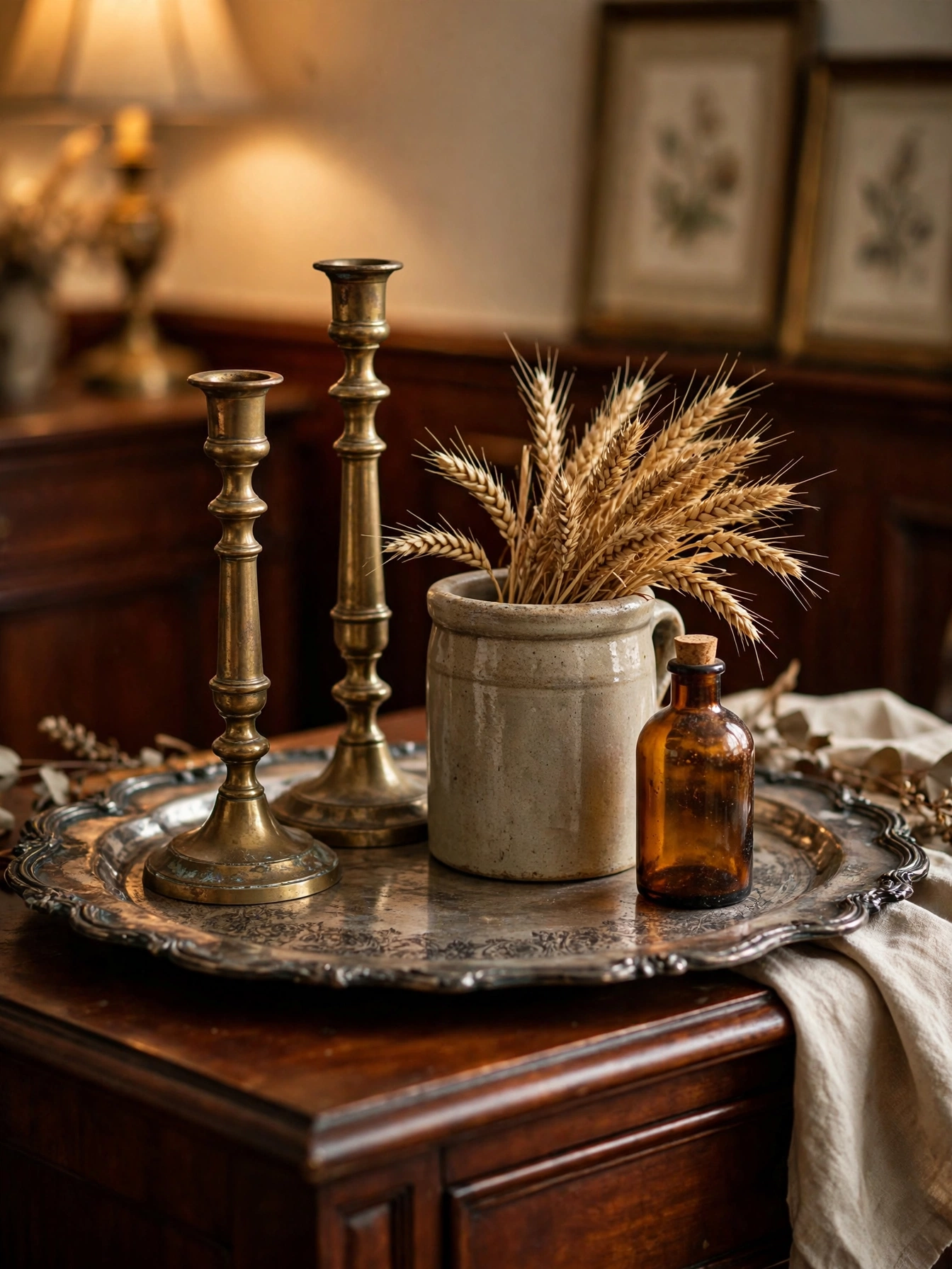 Antique silver tray with brass candlesticks and a stoneware crock of wheat, a pick from these fall tray decor ideas for autumn 2026.
