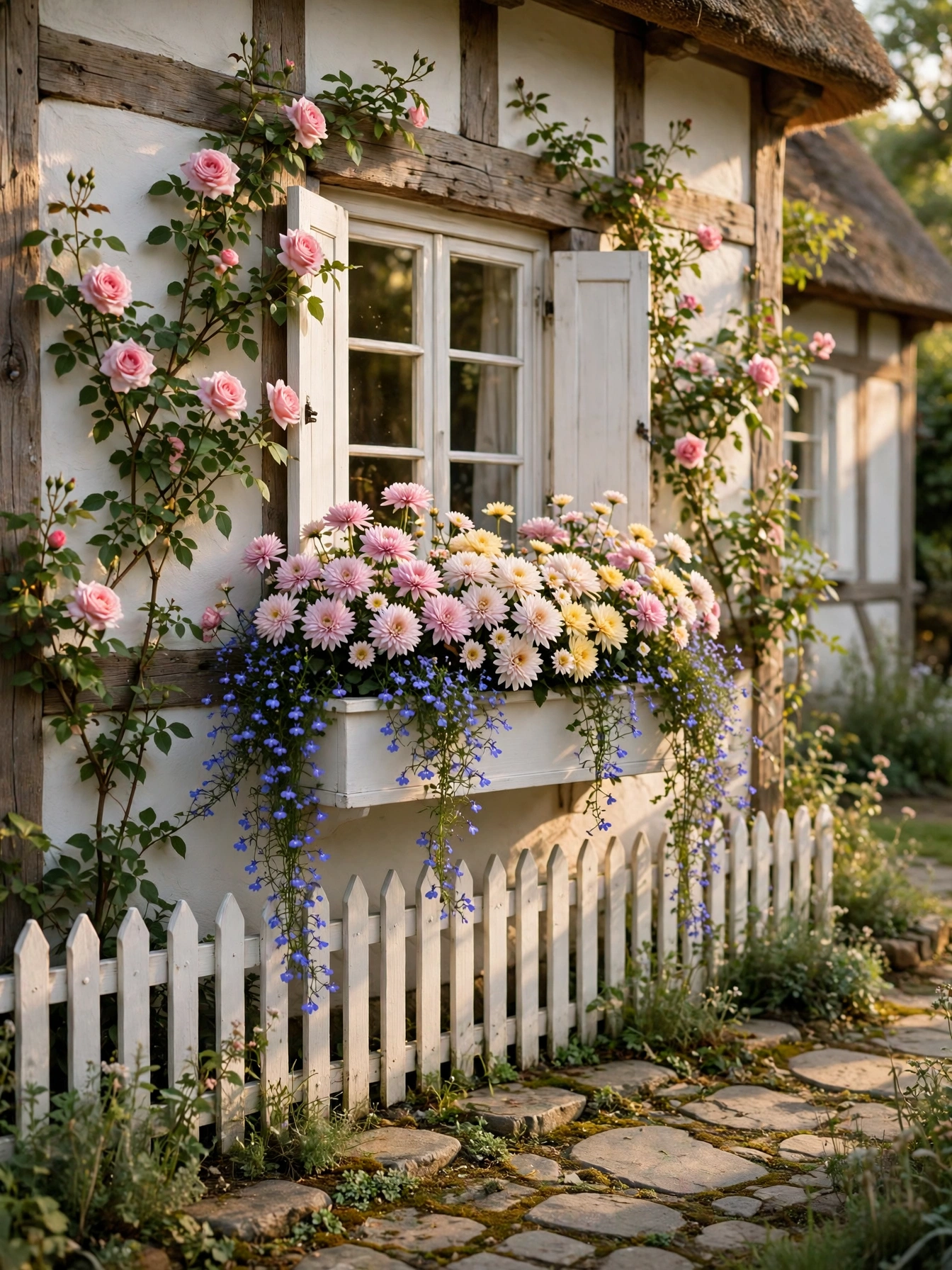 A white cottage window box of pastel pink, cream and yellow mums with trailing blue lobelia, the sweetest of the fall window boxes for autumn 2026 ideas.