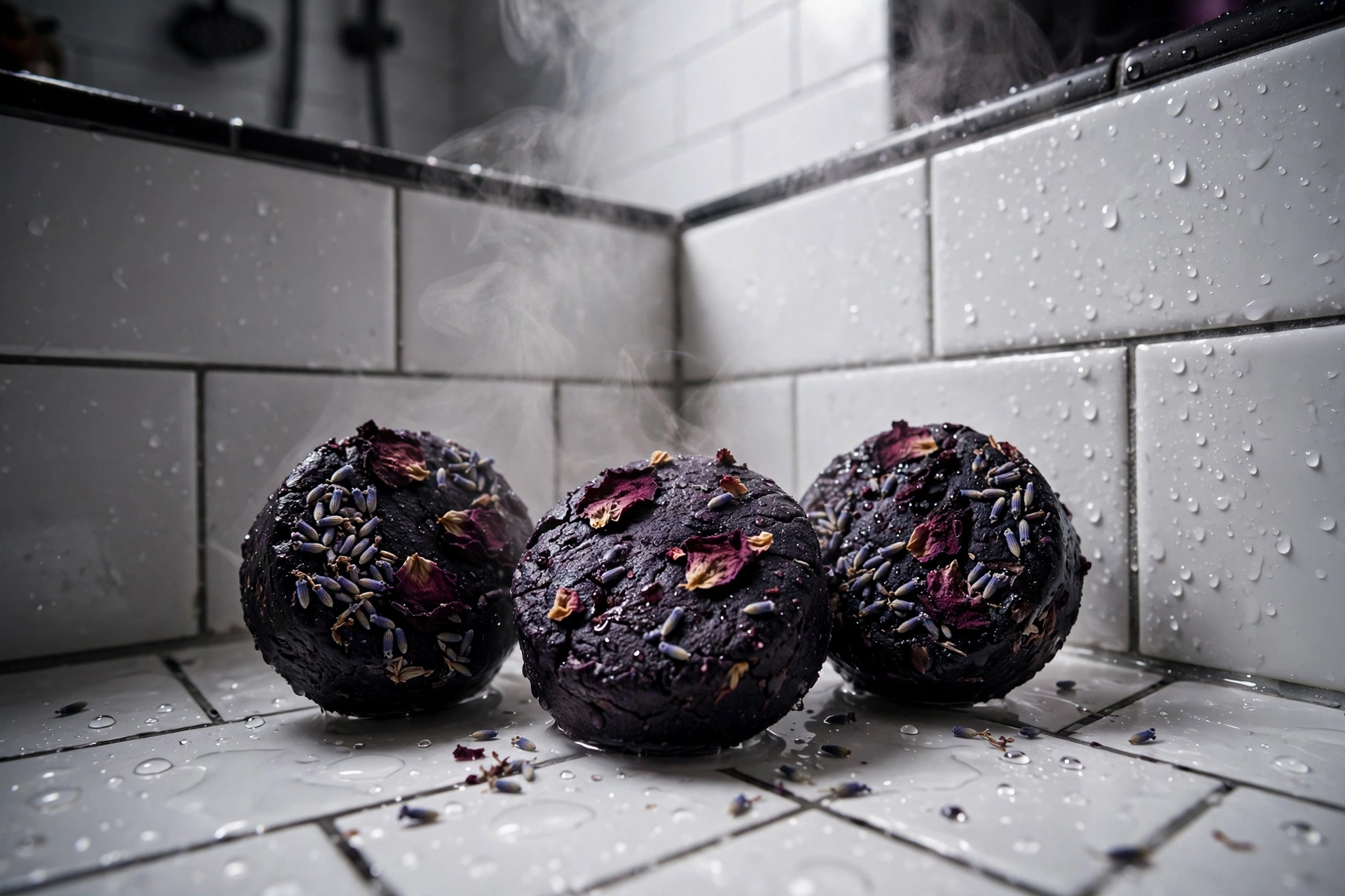 Dark floral shower steamers in a Halloween bathroom
