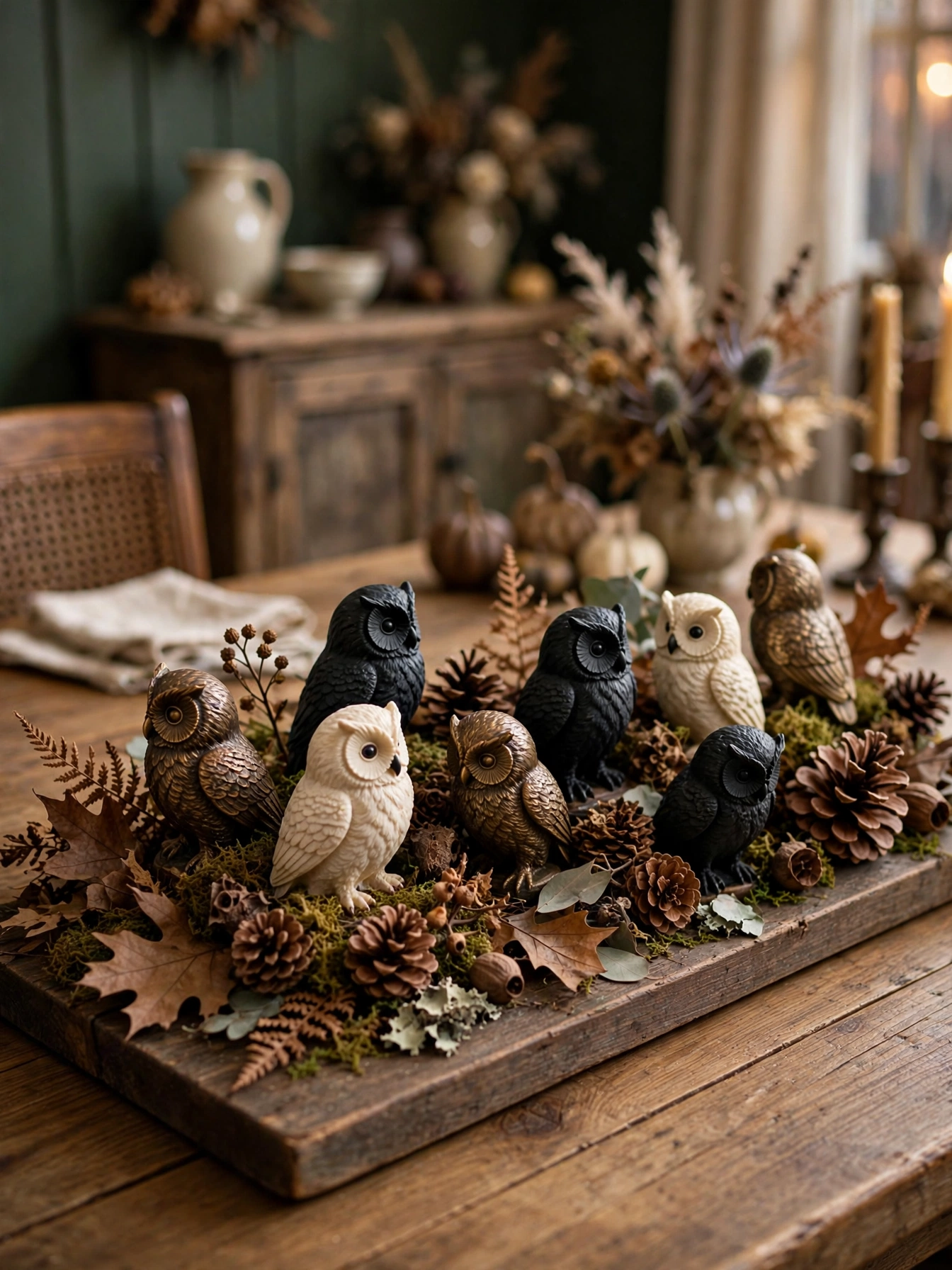 A cluster of small owl figurines in bronze, black, and cream nestled among pinecones, dried leaves, and moss on a long woo...