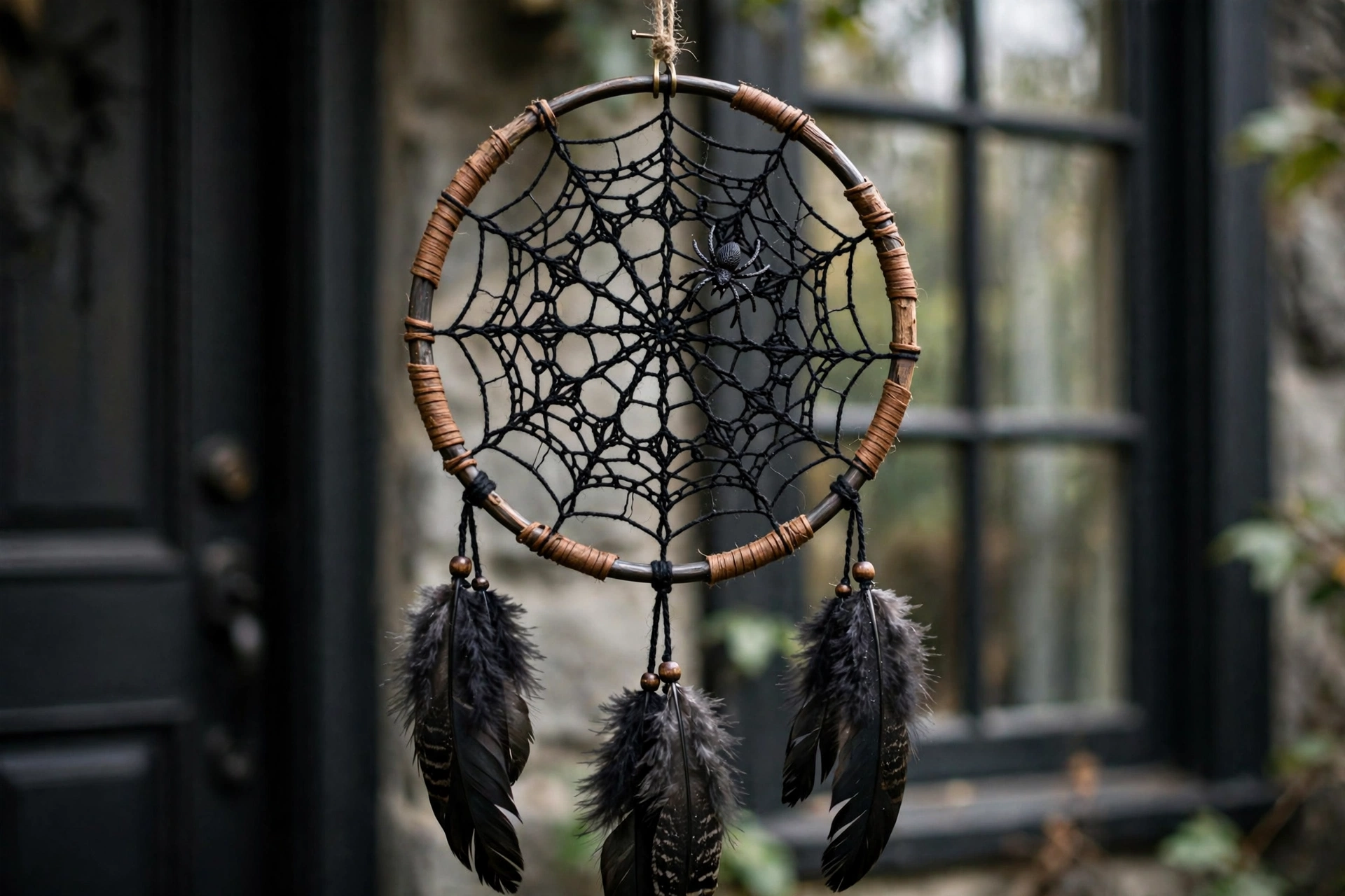 A spiderweb dream catcher Halloween door hanger