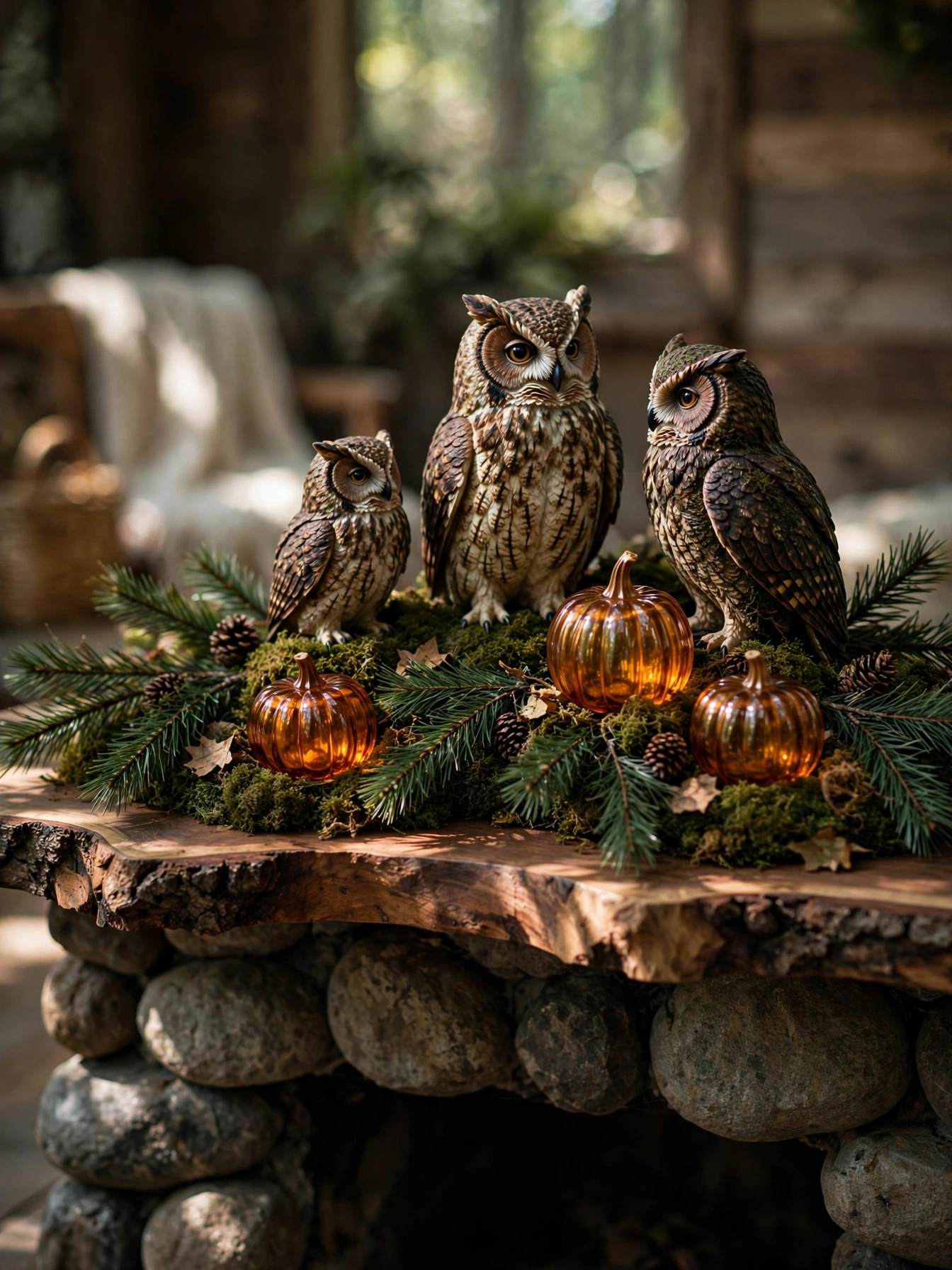 Owl perch mantel with moss, a woodland Halloween fireplace decor idea for 2026