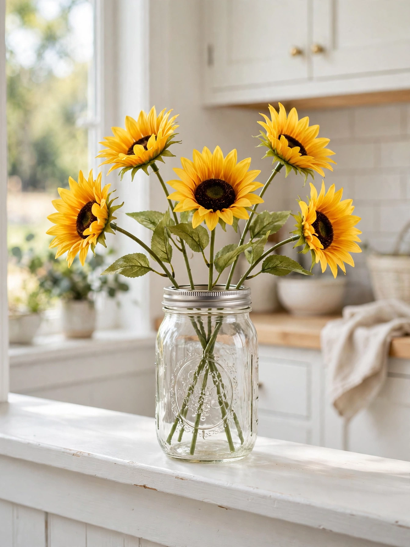 Faux sunflowers in a mason jar on a kitchen windowsill, a cheerful color pop from these simple fall decor ideas for autumn 2026.