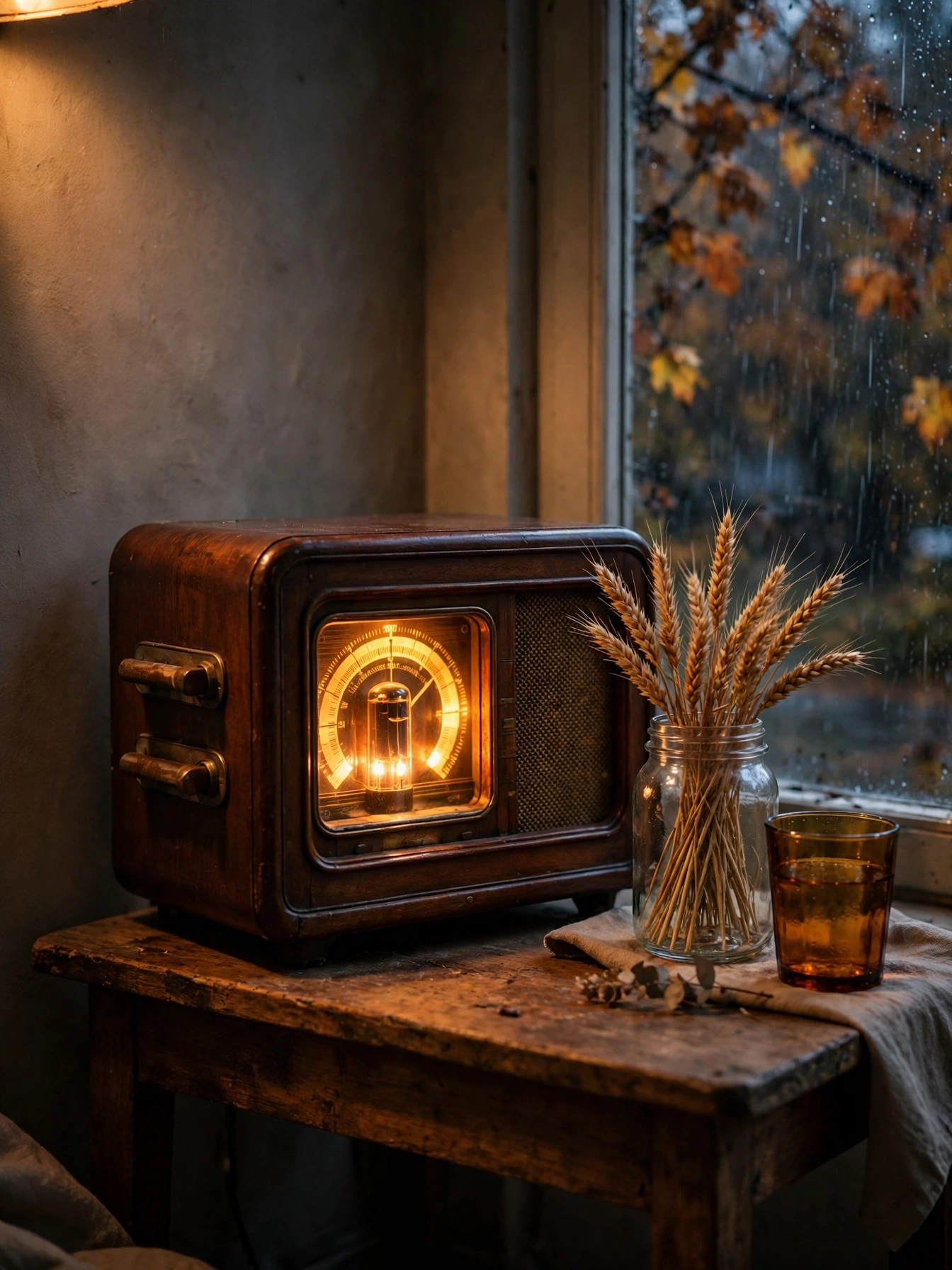 An antique wooden tube radio on a side table with dried wheat and amber glass, one of the vintage fall decor ideas for autumn 2026.