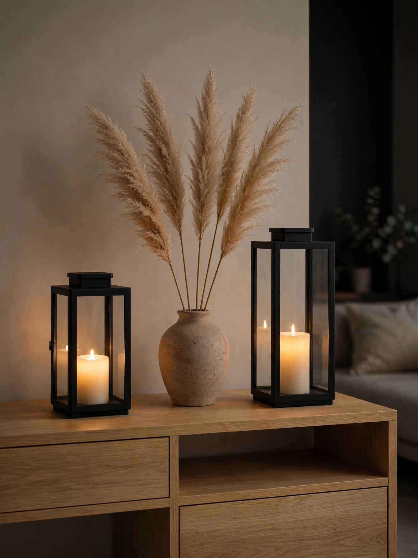 Two matte black modern lanterns with pampas grass on an oak console, a sleek finale to these diy fall decor ideas for autumn 2026.