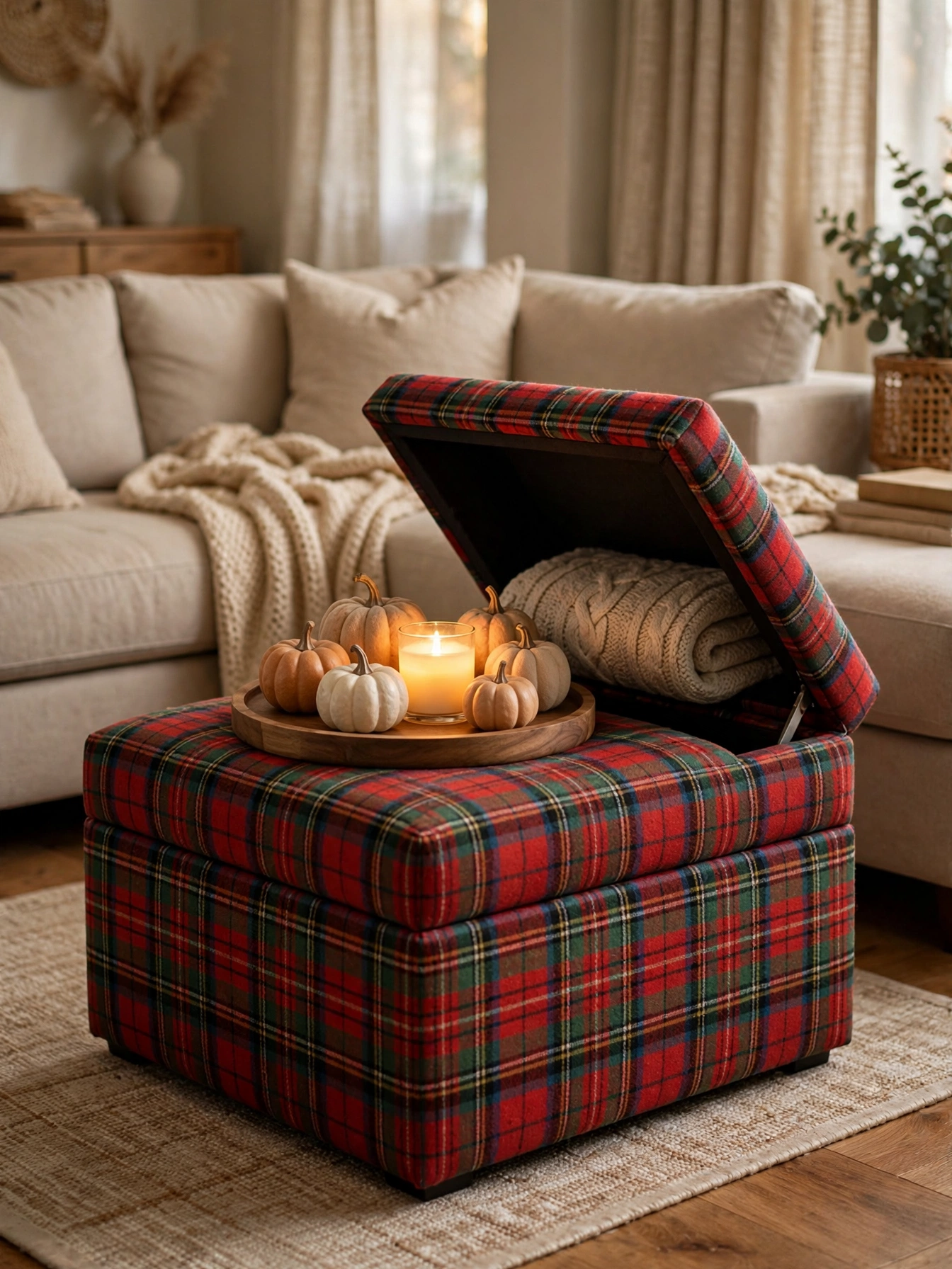 A tartan plaid ottoman styled as a coffee table with a tray, pumpkins and a candle, a versatile fall living room decor ideas for autumn 2026.