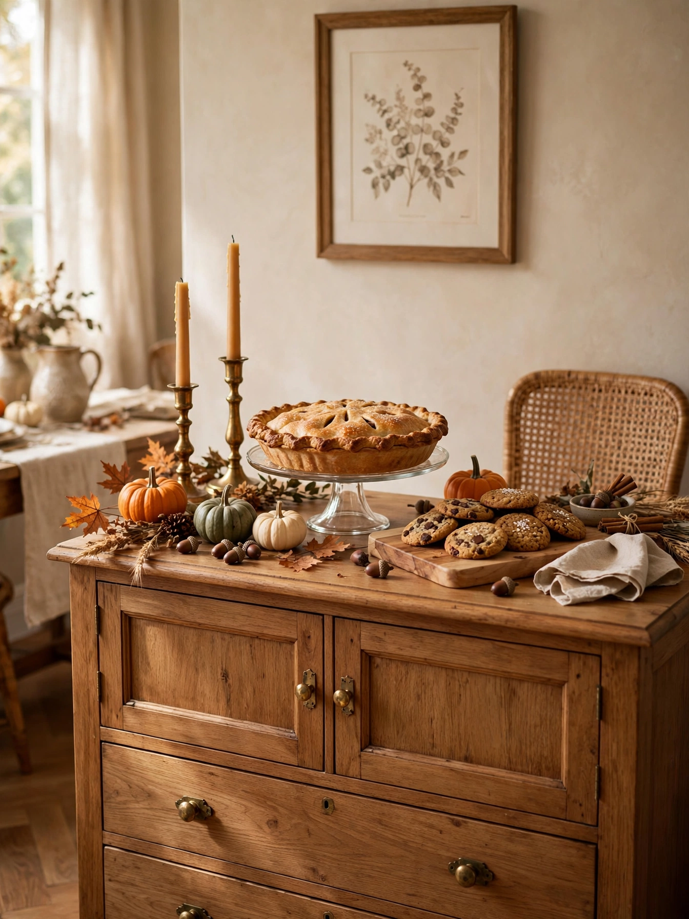 Sideboard styled as a dessert display with apple pie, mini pumpkins, and brass candlesticks, a magical fall table decor idea for autumn 2026.