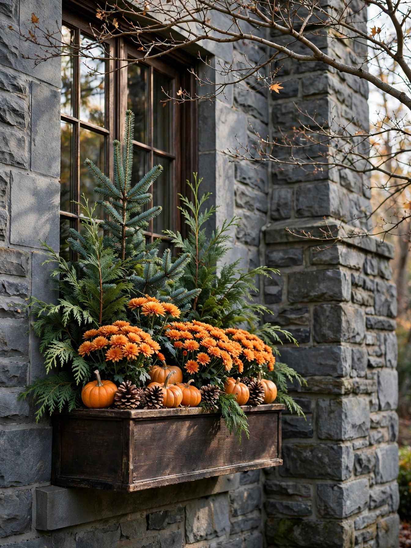 A dark wood window box blending fir sprigs, orange mums, pinecones and mini pumpkins on a stone house, a three season fall window boxes for autumn 2026 design.