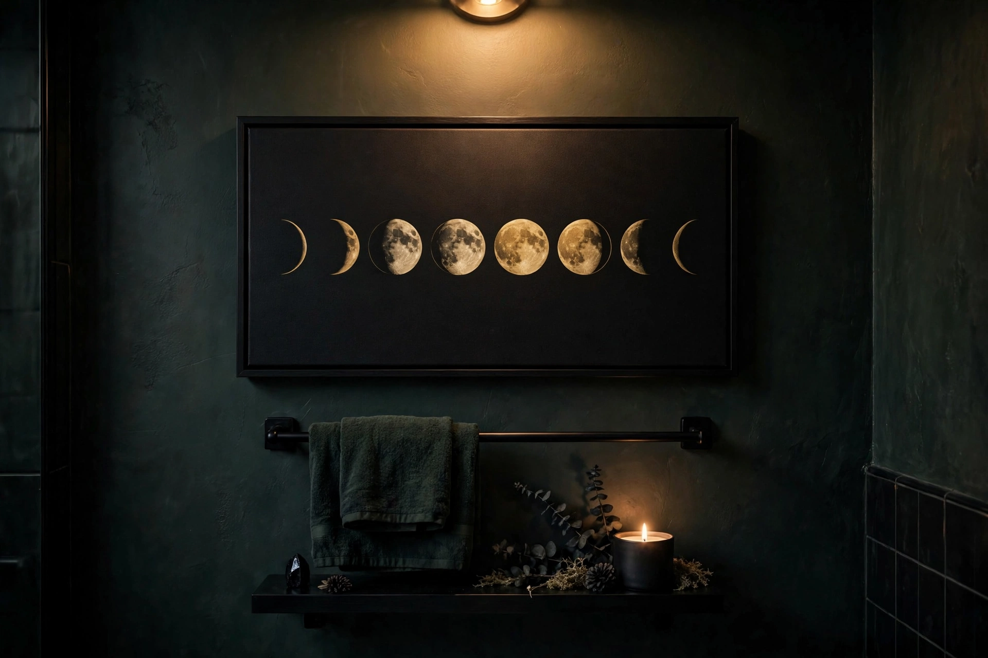 Moon phase wall art in a Halloween bathroom