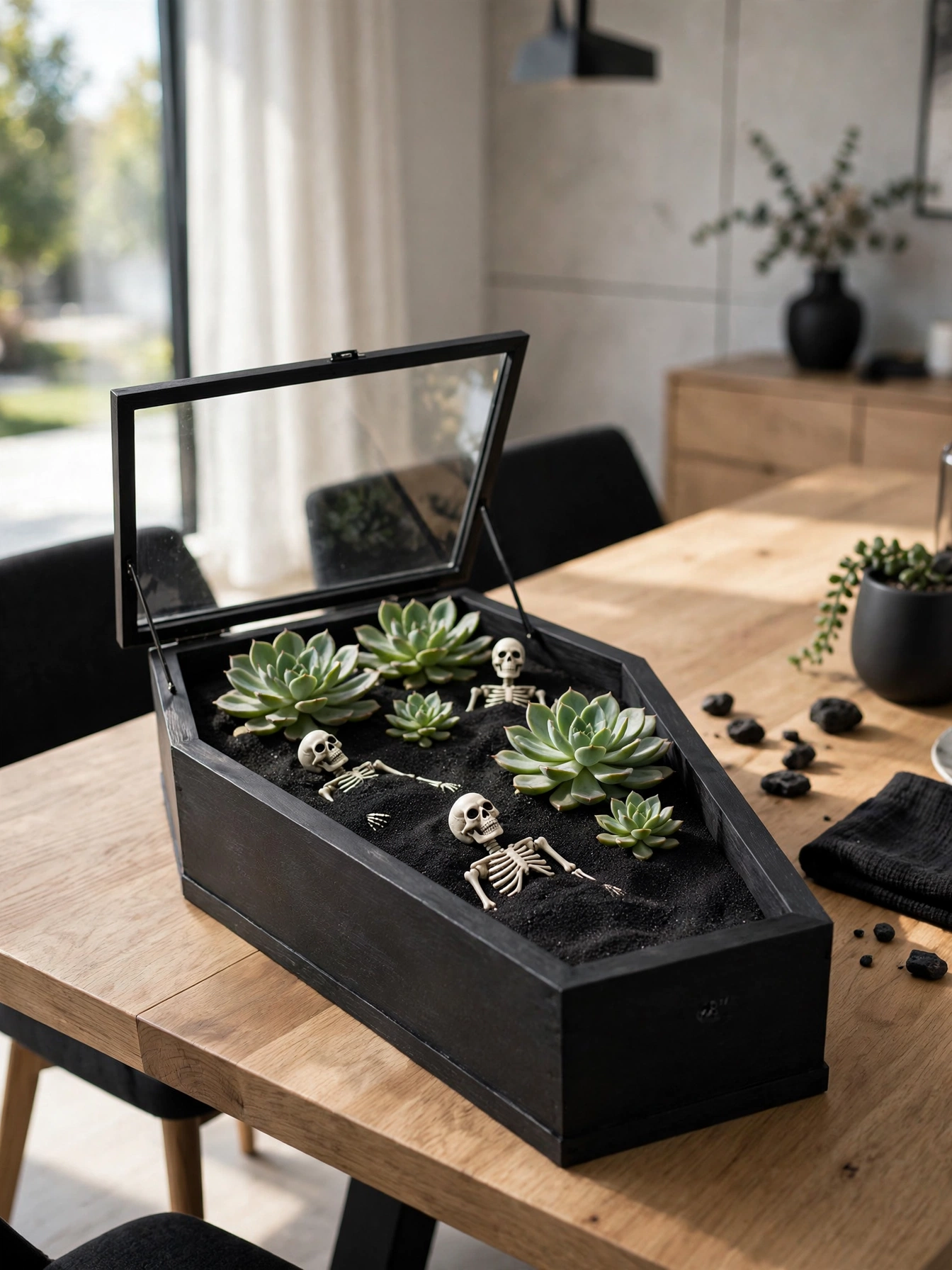 A black coffin-shaped box planted with green succulents, black sand, and tiny skeleton figurines on a dining table