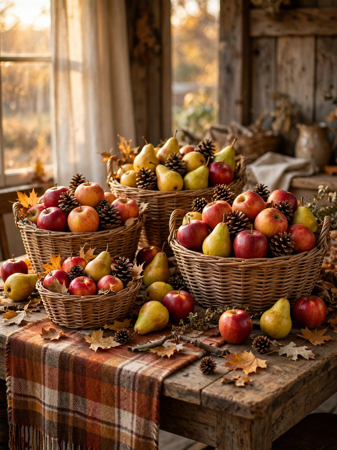 Woven wicker baskets filled with apples, pears and pinecones on a farmhouse table, one of the vintage fall decor ideas for autumn 2026.