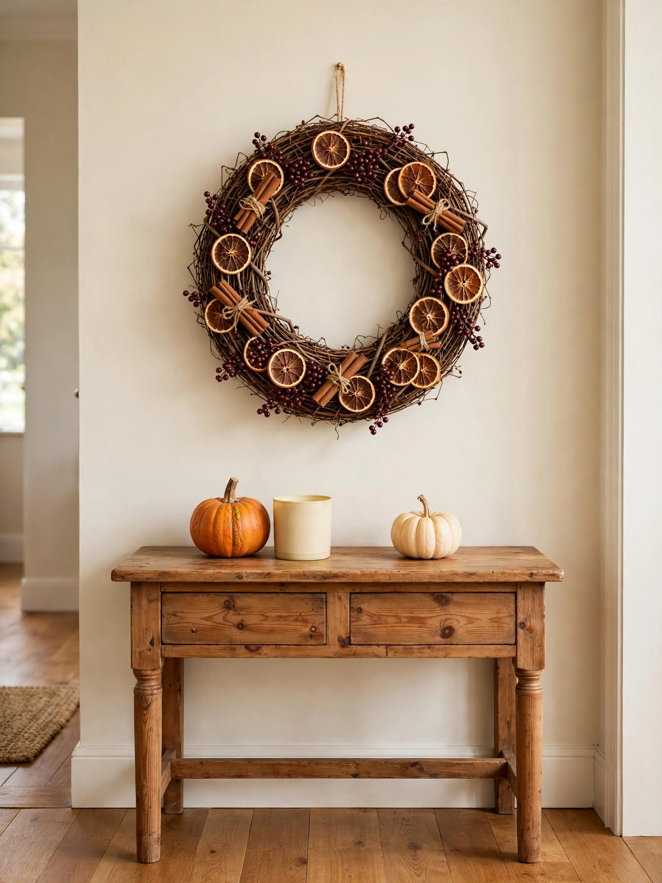 Fall entry table decor ideas for autumn 2026: a grapevine wreath with dried orange slices and berries hanging above a rustic wood console.