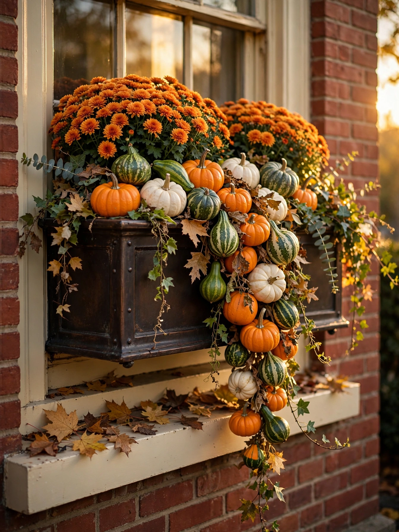 A deep bronze window box with mini pumpkins trailing over the edge like a harvest waterfall, the most abundant of the fall window boxes for autumn 2026.