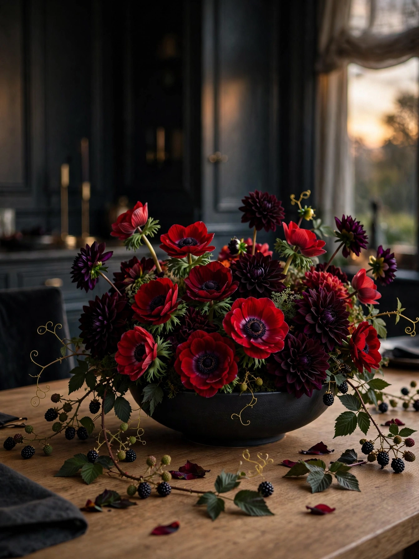 A low wide matte black bowl overflowing with deep red anemones, dark dahlias, and trailing blackberry vines on a dining table
