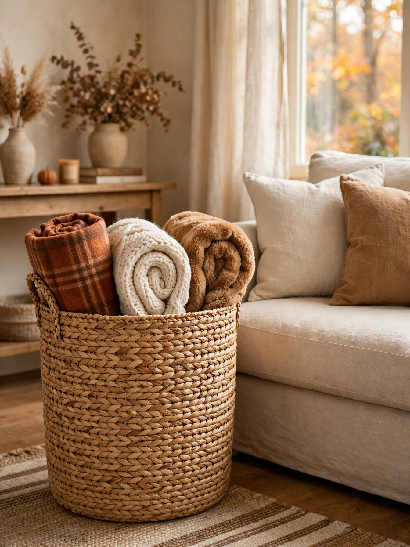 A tall woven seagrass basket holding five rolled throw blankets in rust plaid, cream chunky knit and caramel faux fur beside a linen sofa, a practical storage idea from these fall living room decor ideas for autumn 2026.