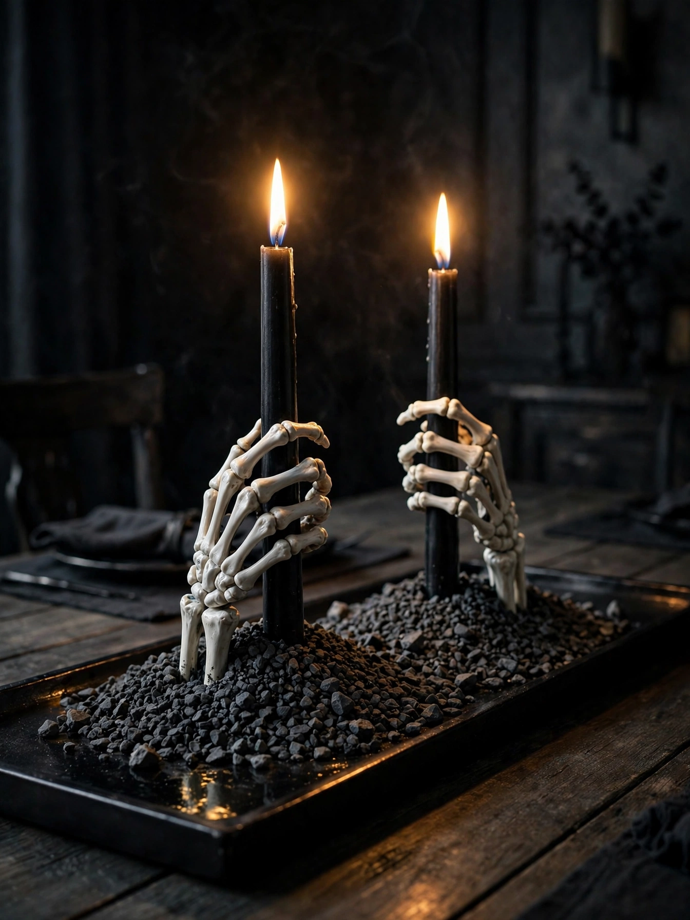 White resin skeleton hands gripping black taper candles, emerging from a bed of dark gray gravel in a long black tray on a...