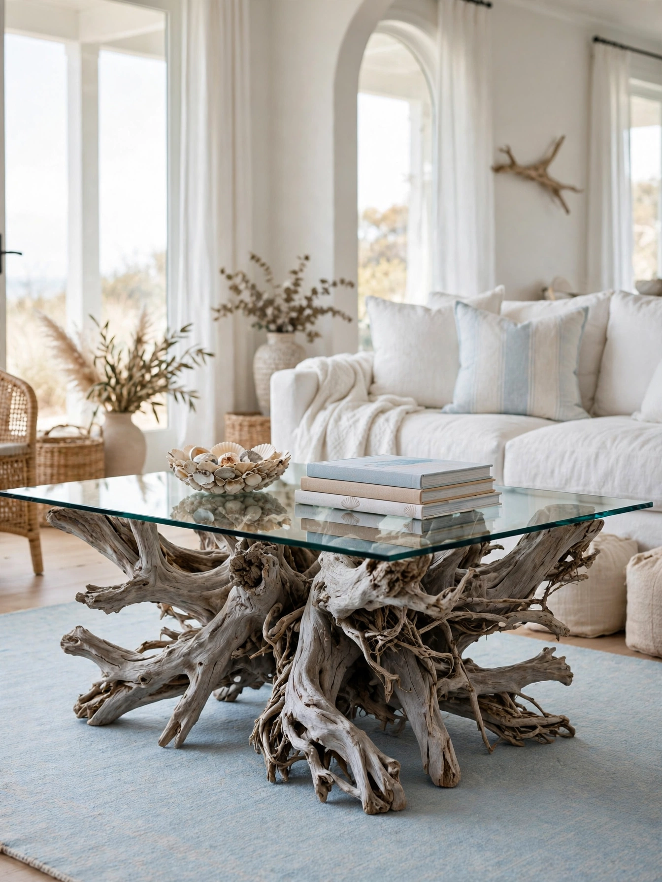 Driftwood root coffee table with a glass top in a beachy living room ideas space with a white linen sofa