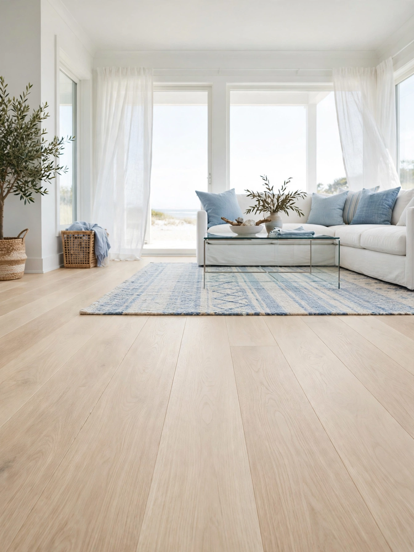 Pale bleached oak plank floors in a bright beachy living room ideas space with blue textiles