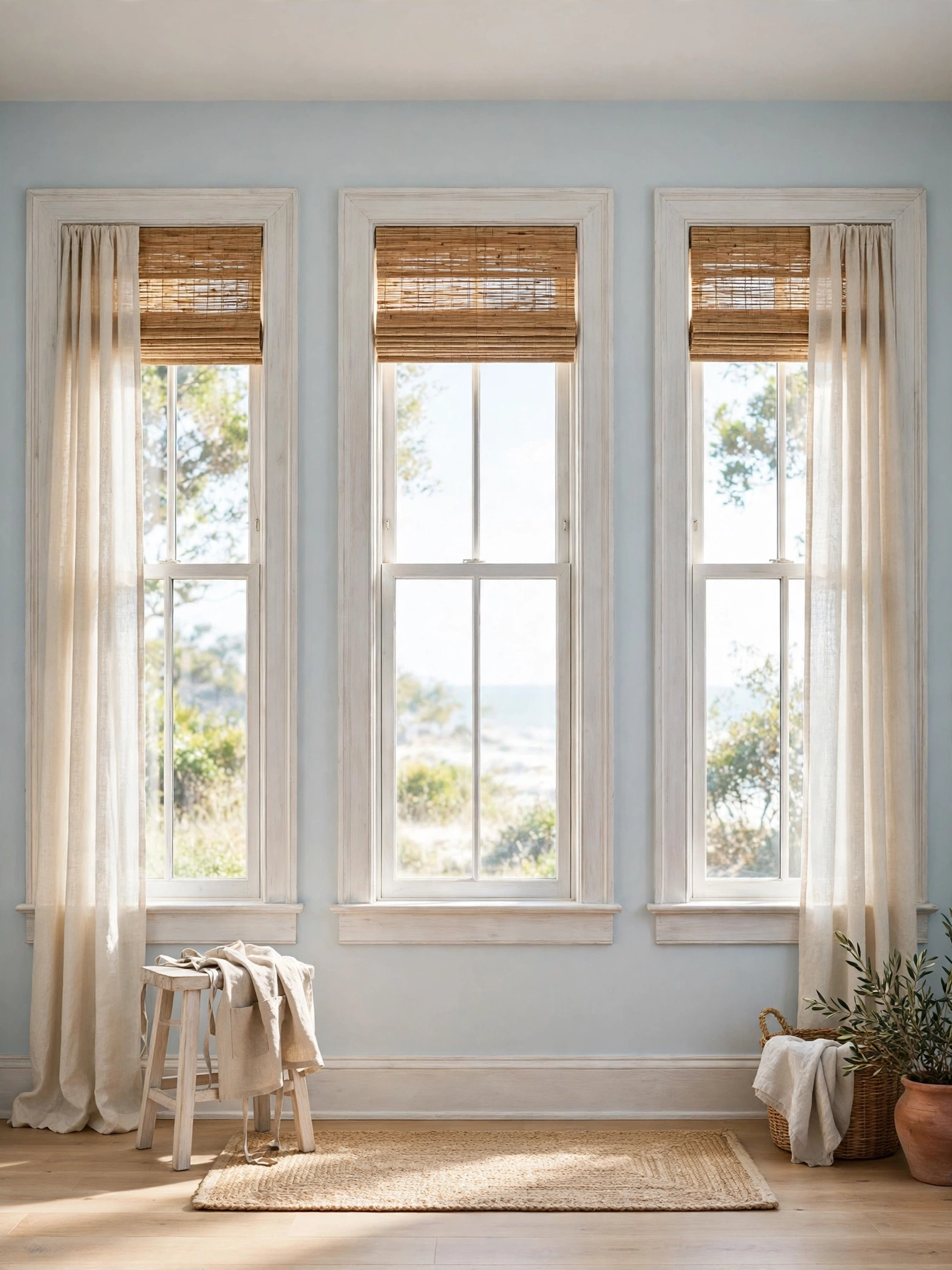 Wide whitewashed window trim on three tall windows in a beachy living room ideas room