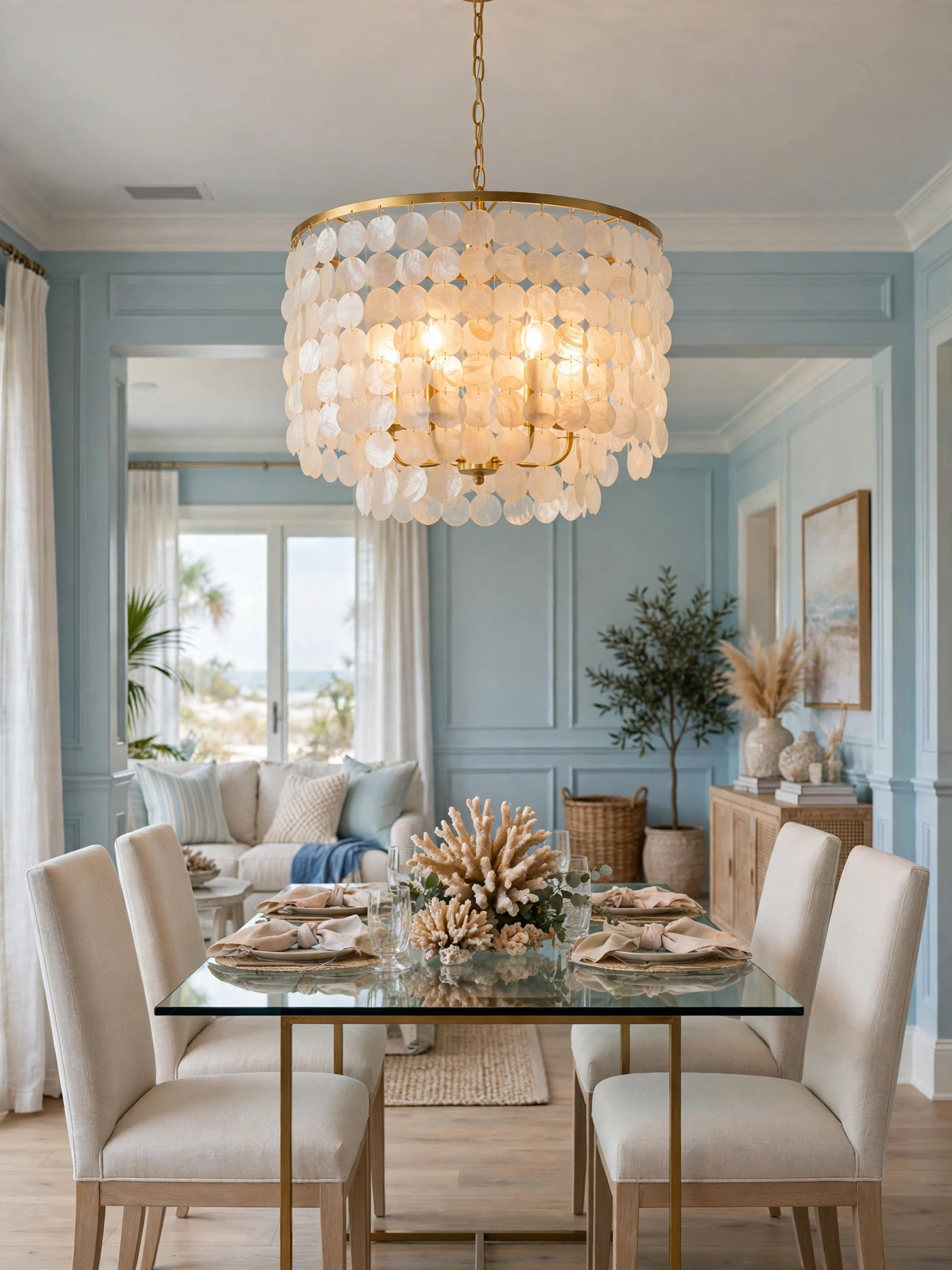 Capiz shell chandelier glowing over a dining table in a beachy living room ideas space