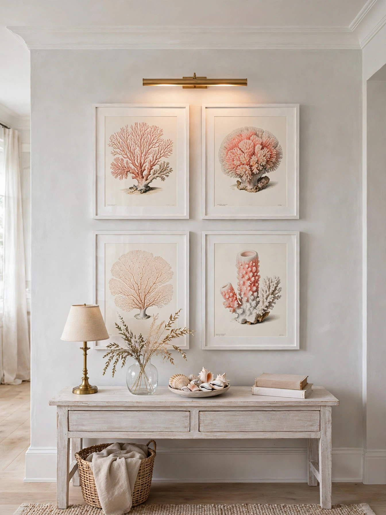 Four framed coral reef prints in white frames above a console in a beachy living room ideas home