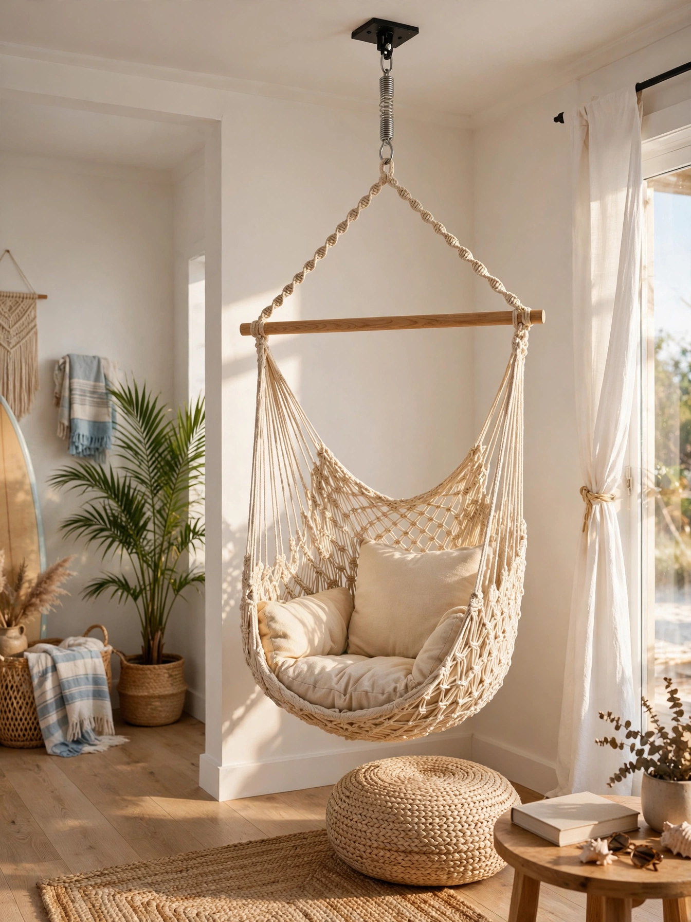 Cream macrame hammock chair hanging in a sunny beachy living room ideas corner
