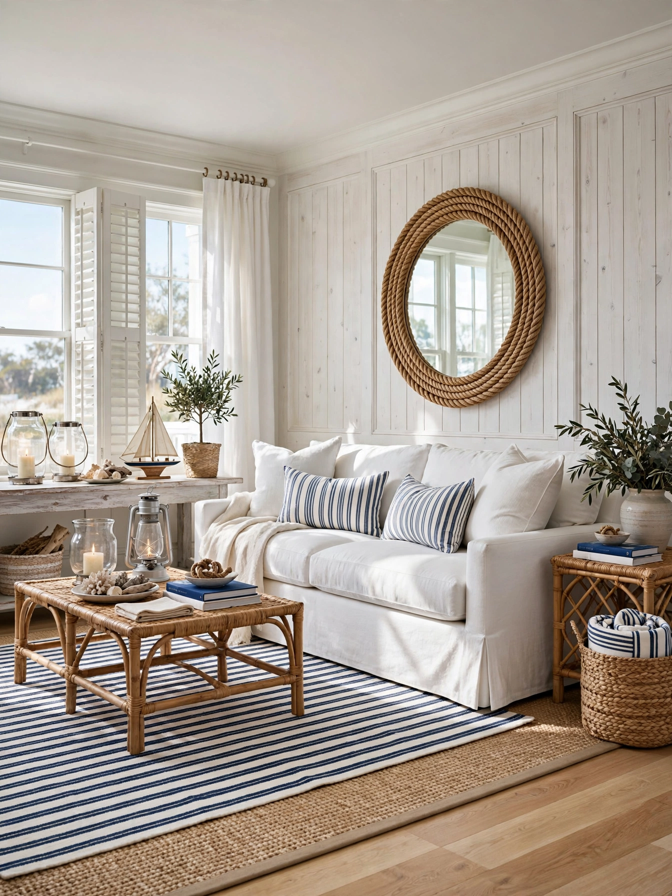 Navy and white striped pillows and rug with a white sofa in a beachy living room ideas room