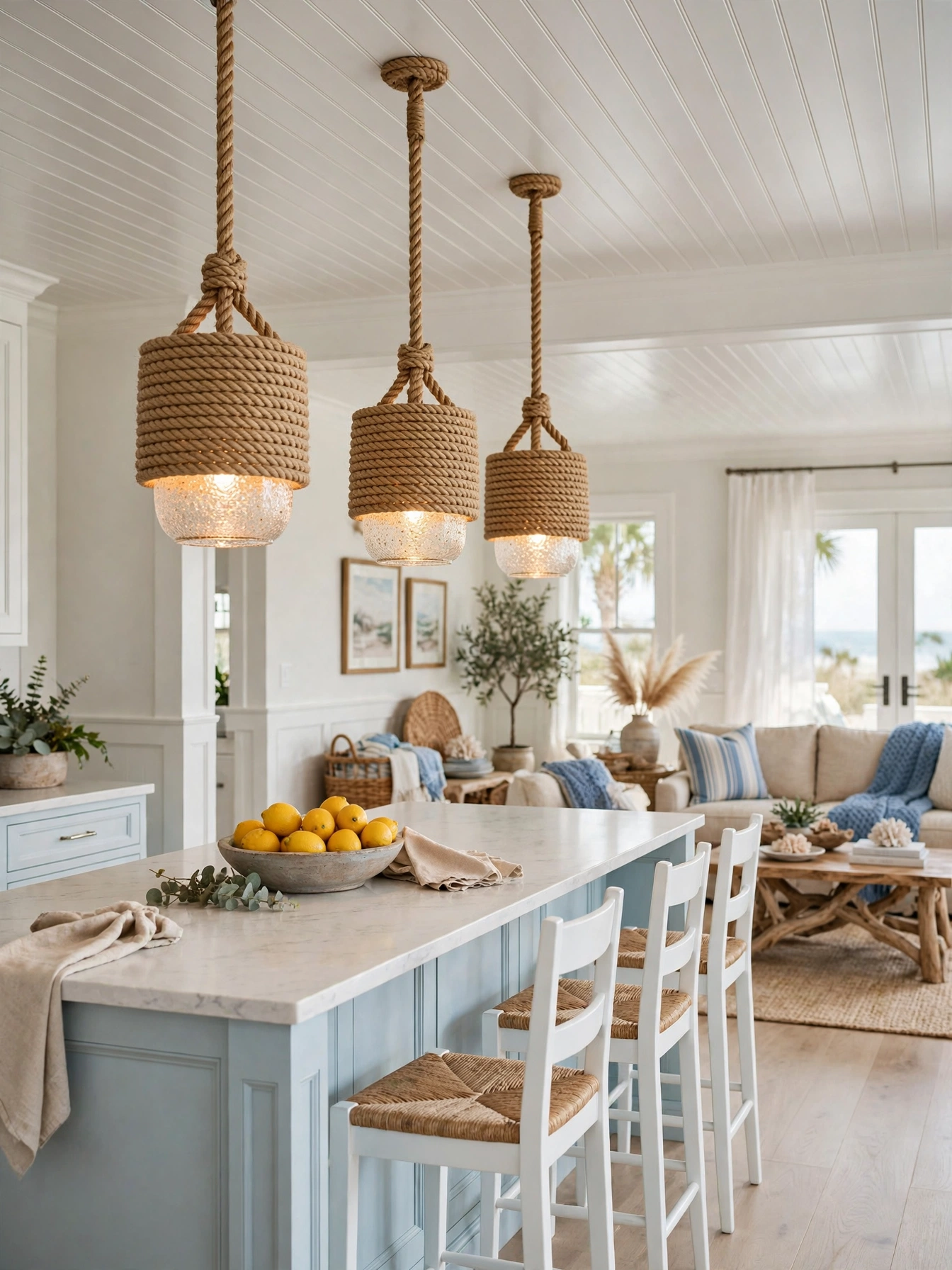 Three rope wrapped lantern pendants over a blue island in a beachy living room ideas kitchen