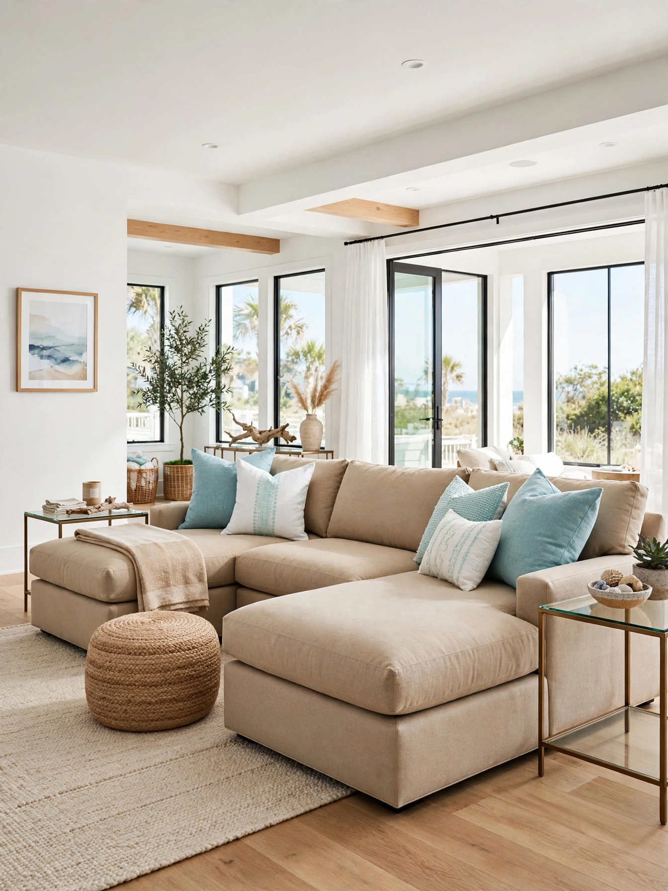 Sand colored L shaped sectional with aqua pillows in a beachy living room ideas great room