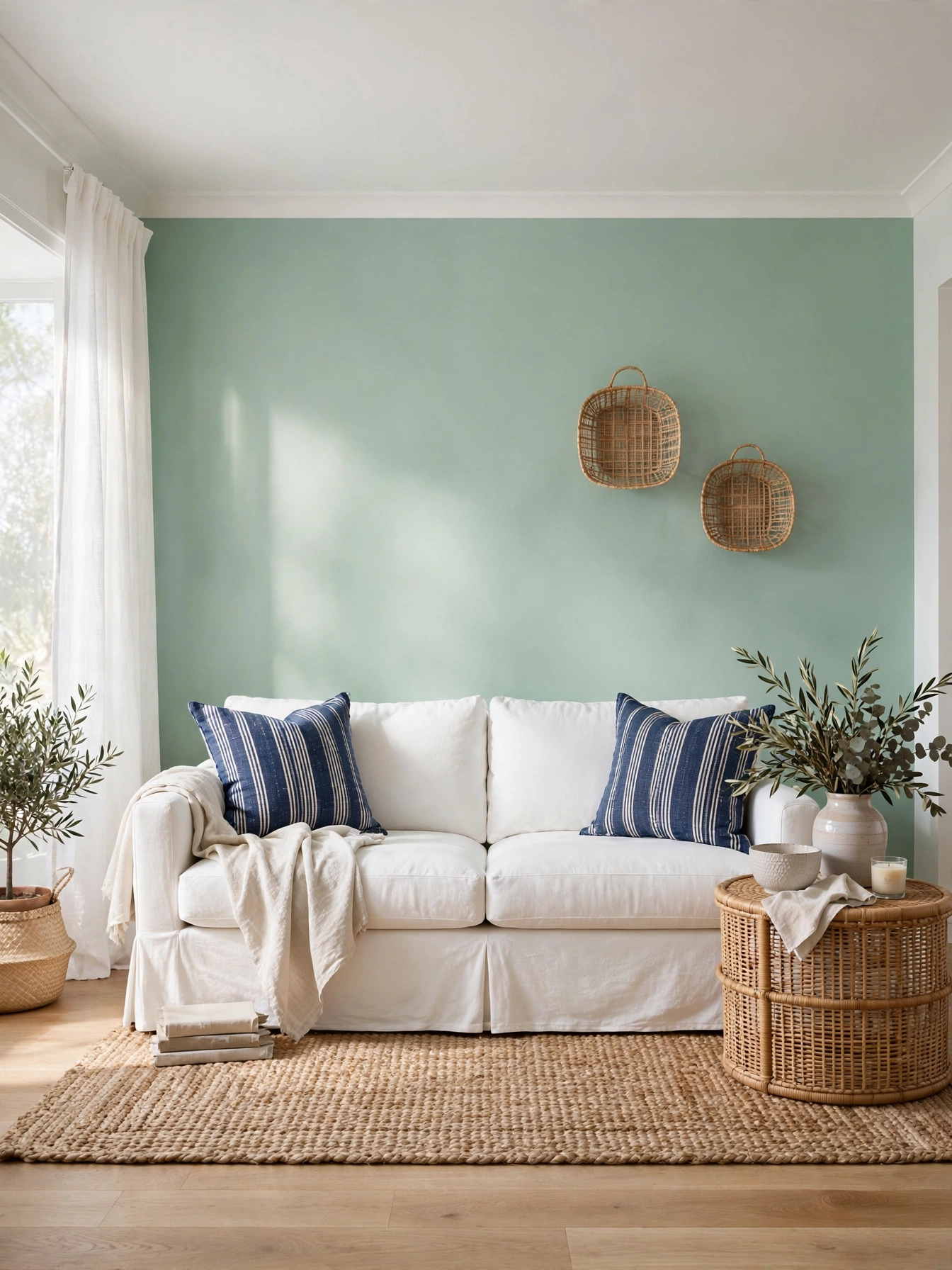 Seafoam green accent wall behind a white sofa in a beachy living room ideas interior with a jute rug