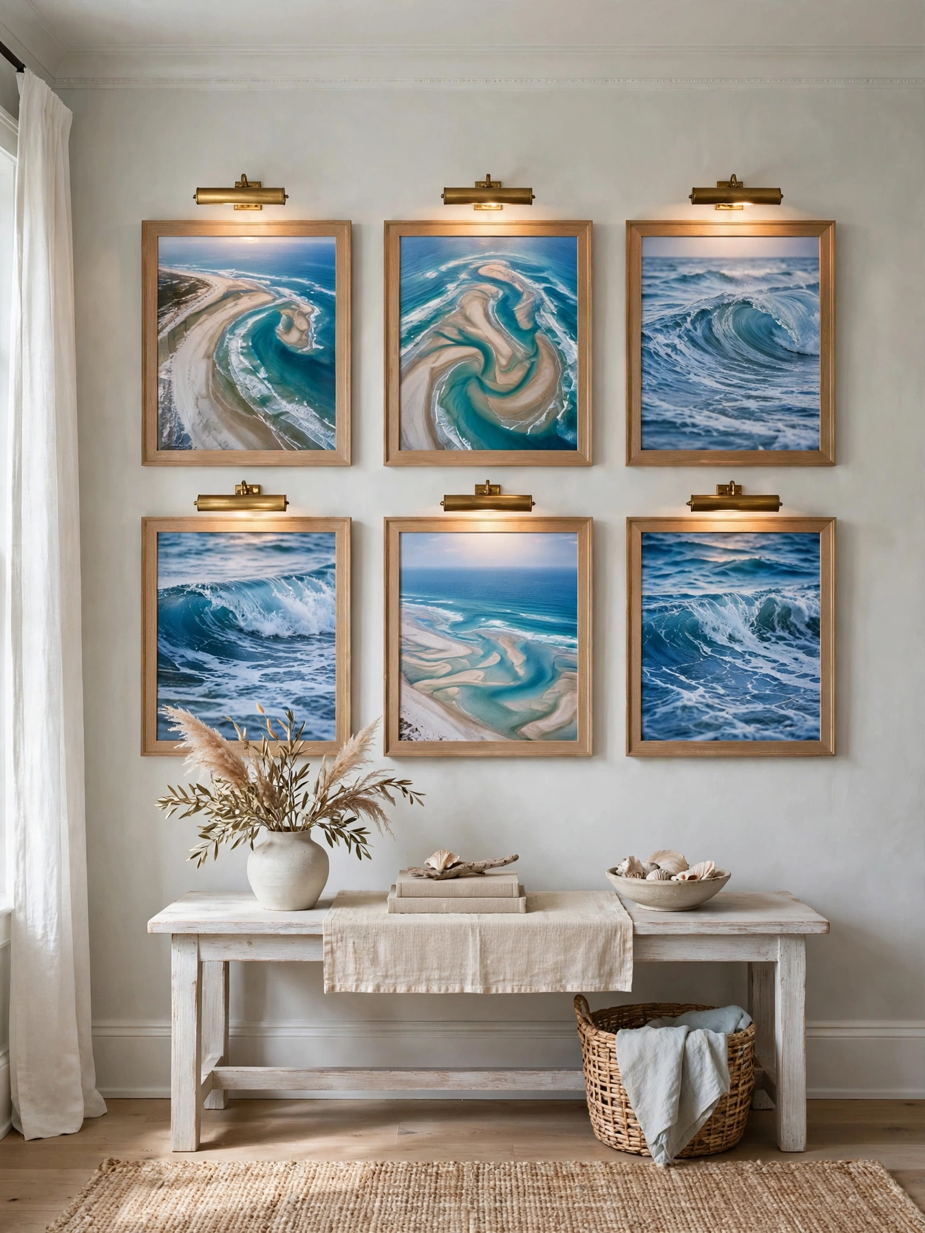Gallery wall of ocean photography in light wood frames in a beachy living room ideas interior
