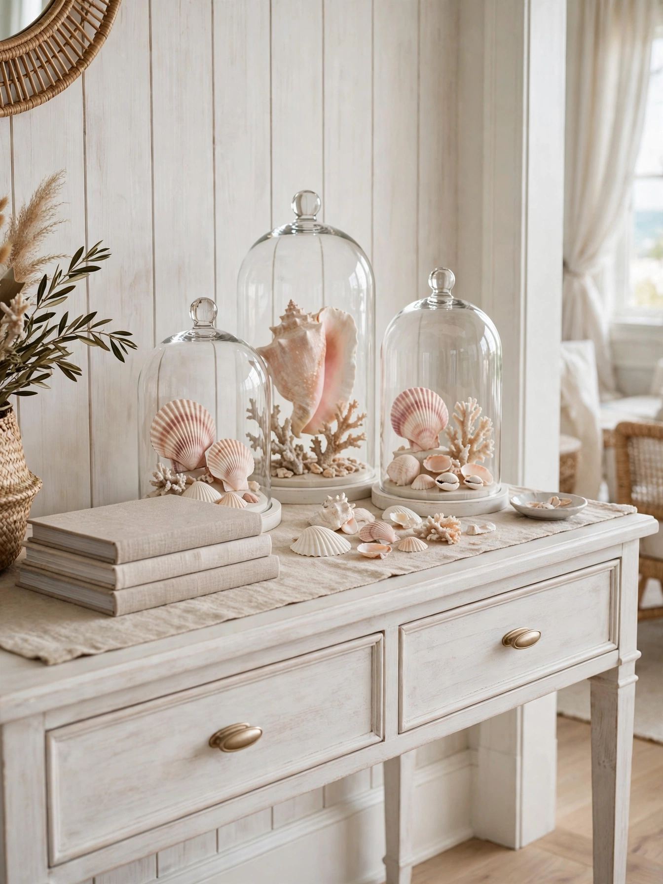 Seashell collections in glass cloches on a white console in a beachy living room ideas entry