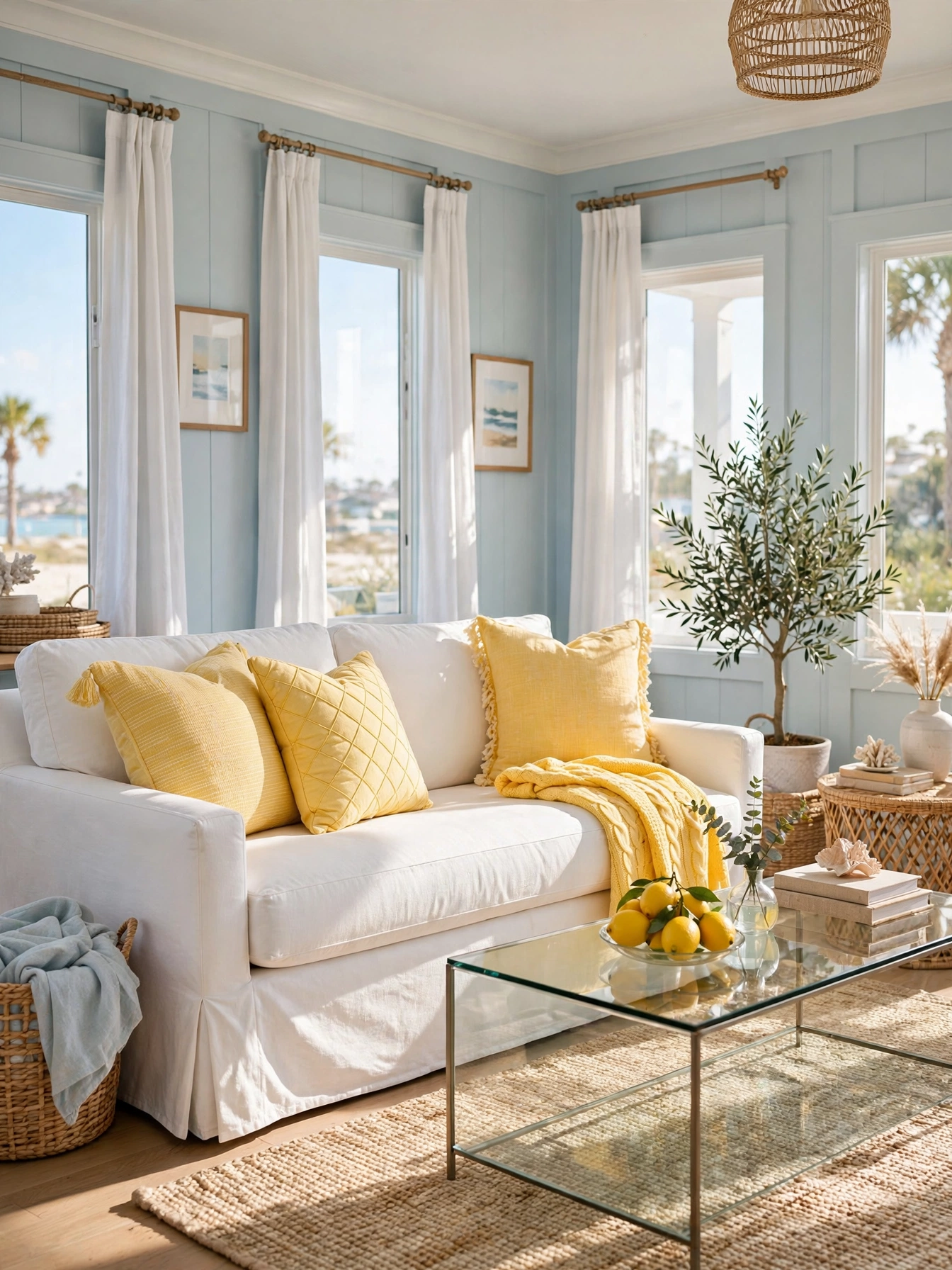 Sunny yellow pillows and a knit throw on a white sofa in a beachy living room ideas interior