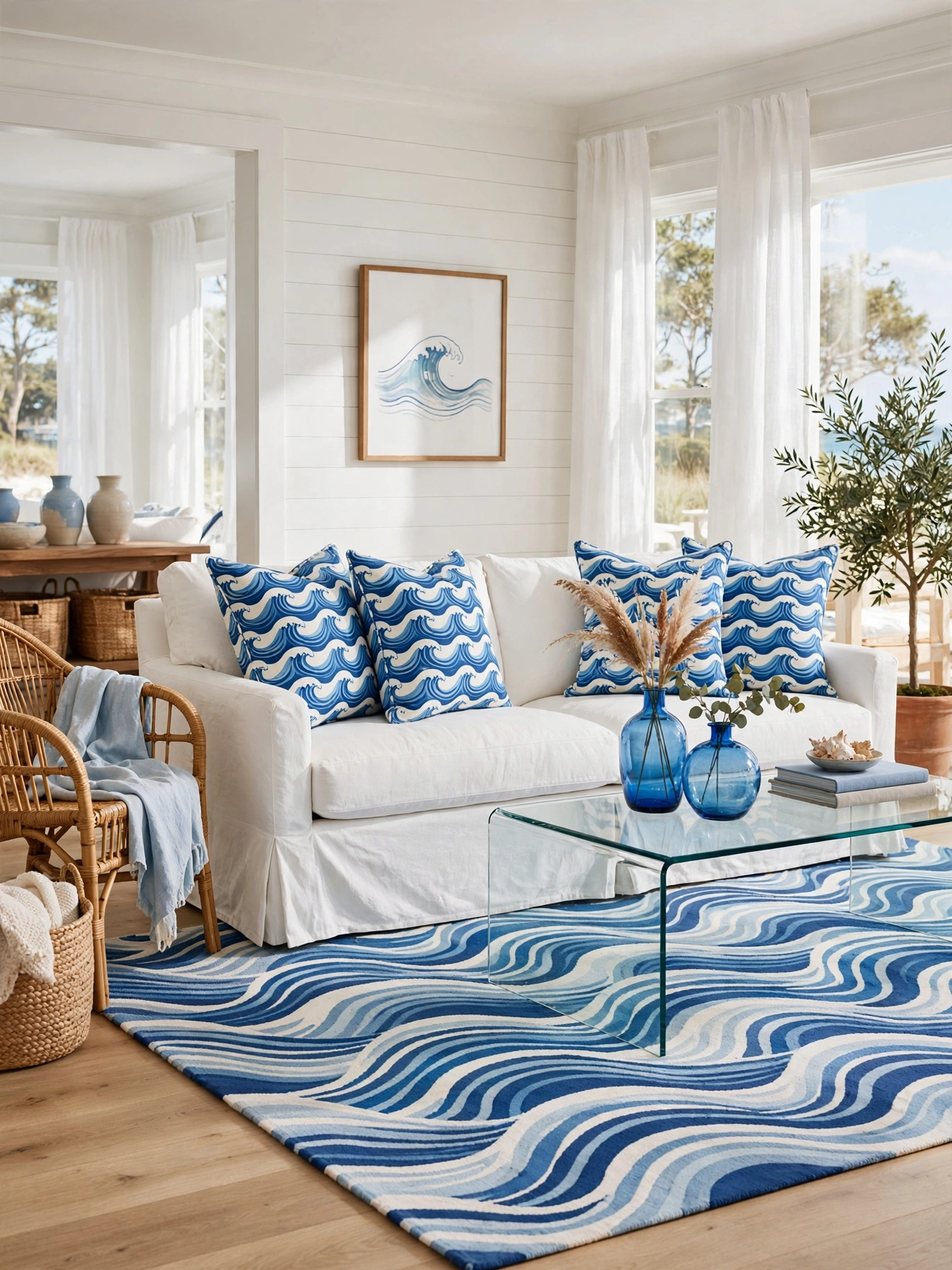 Wave patterned pillows and rug with a white sofa in a beachy living room ideas seating area