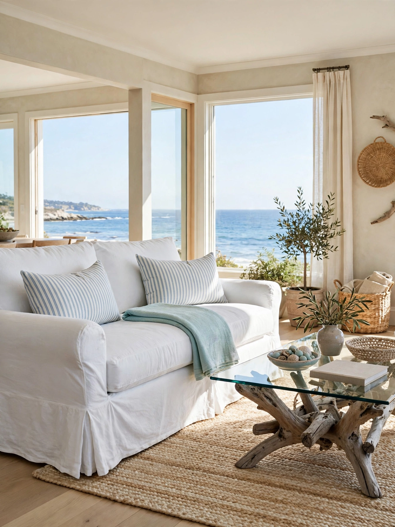 White slipcovered sofa with striped pillows in a bright room styled for beachy living room ideas with a driftwood coffee table