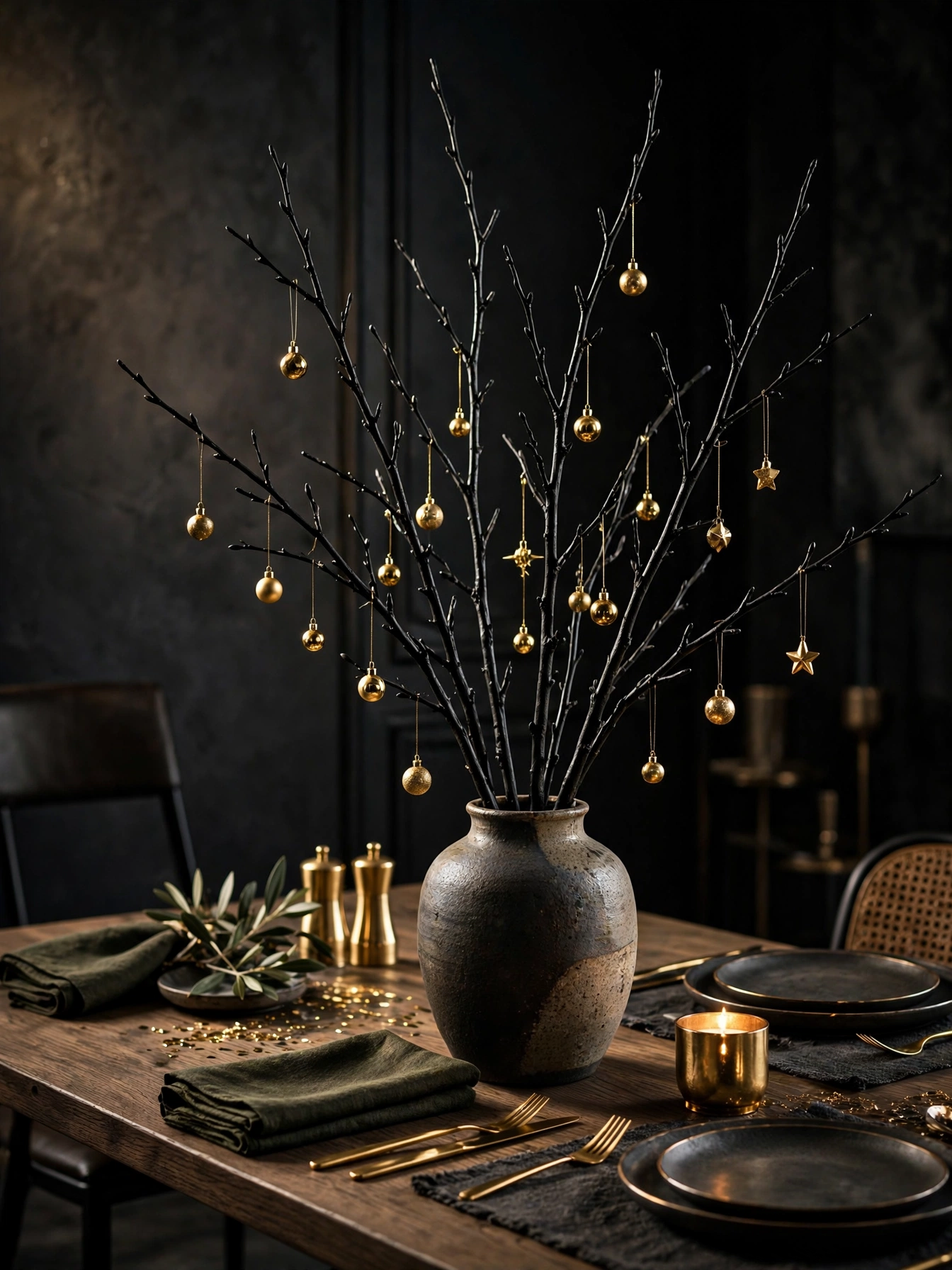 Tall black painted branches in a ceramic vase with tiny gold ornaments, a striking DIY from black christmas decoration ideas 2026