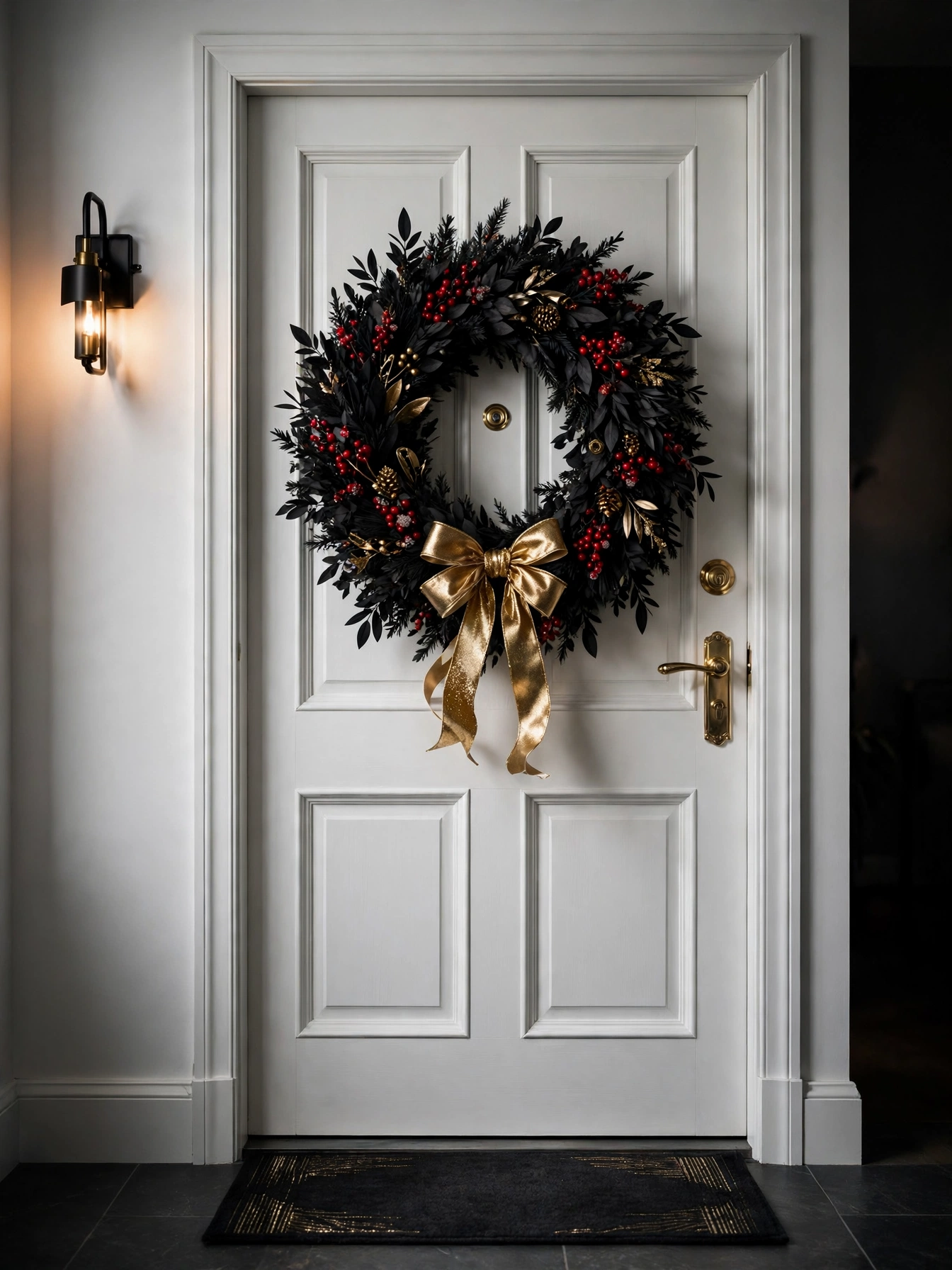 Charcoal black Christmas wreath with red berries and a gold bow on a front door, welcoming guests with black christmas decoration ideas 2026