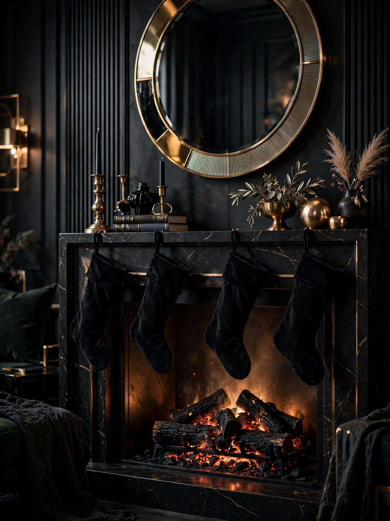 Fireplace with black logs, glowing ember lights and dark stockings, a cozy chapter of black christmas decoration ideas 2026