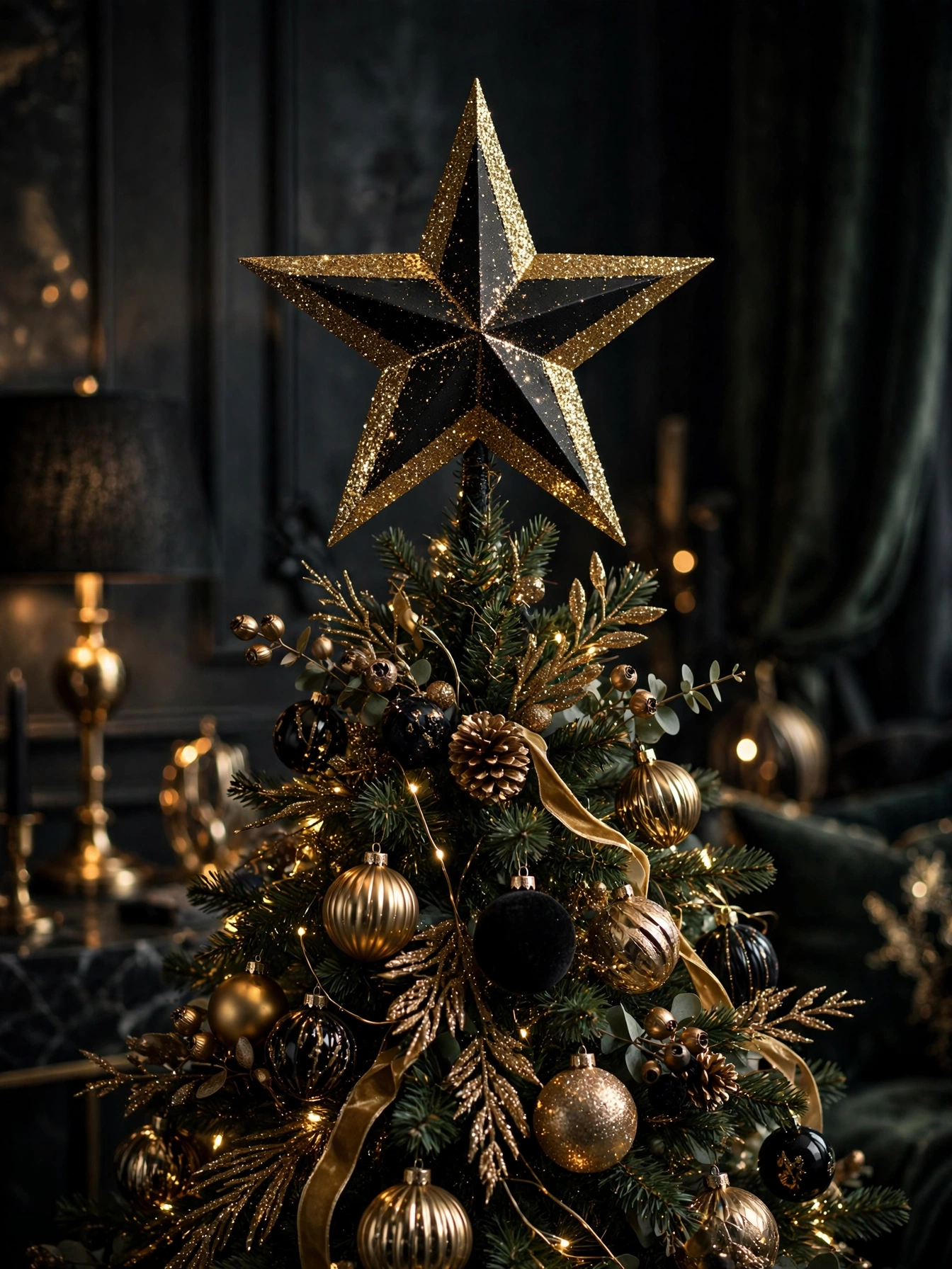 Black star tree topper with gold glitter crowning a Christmas tree, the finishing touch in black christmas decoration ideas 2026