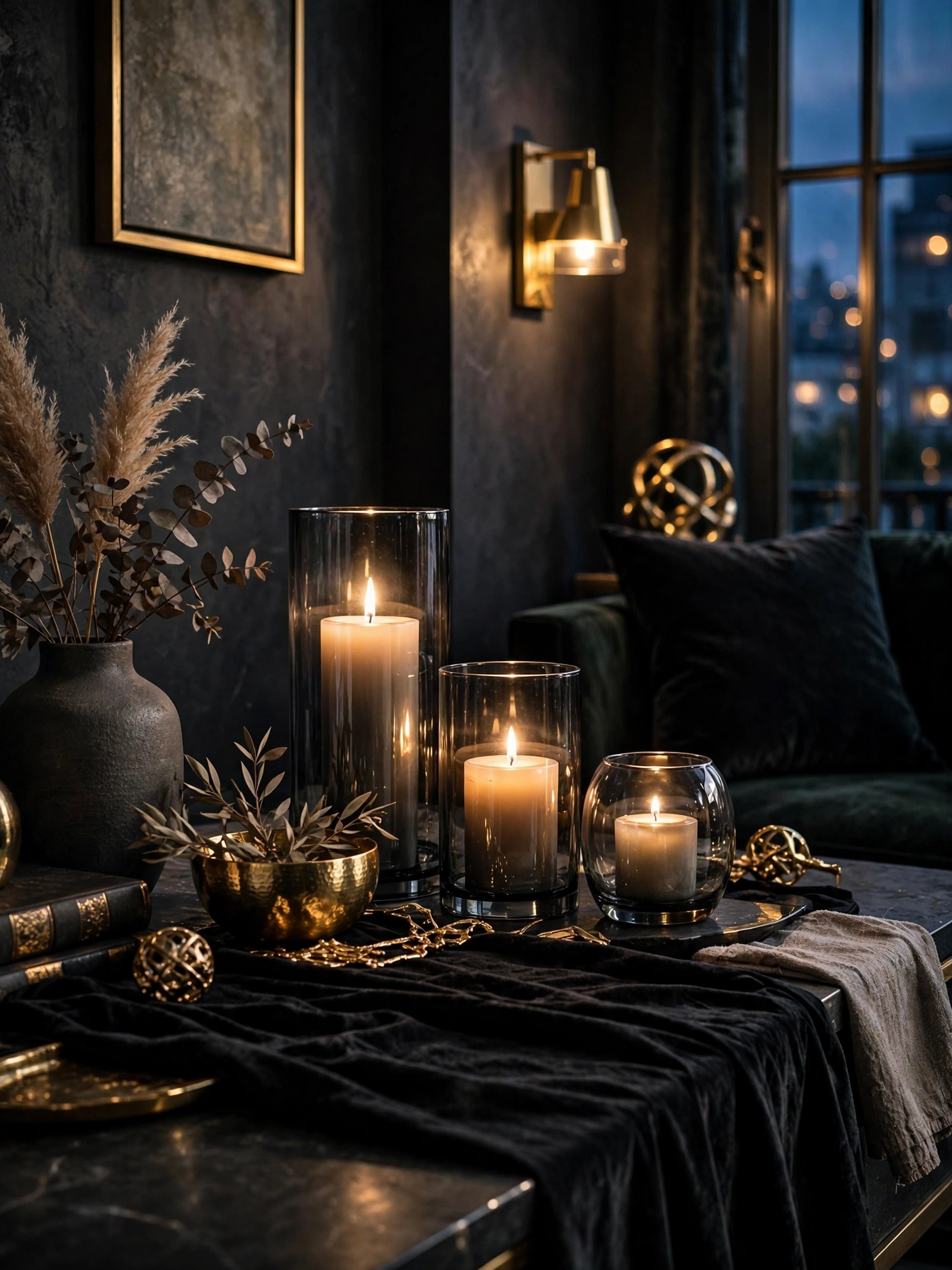 Moody living room corner with black garland, dark stockings and gold candlelight, a dramatic take on black christmas decoration ideas 2026